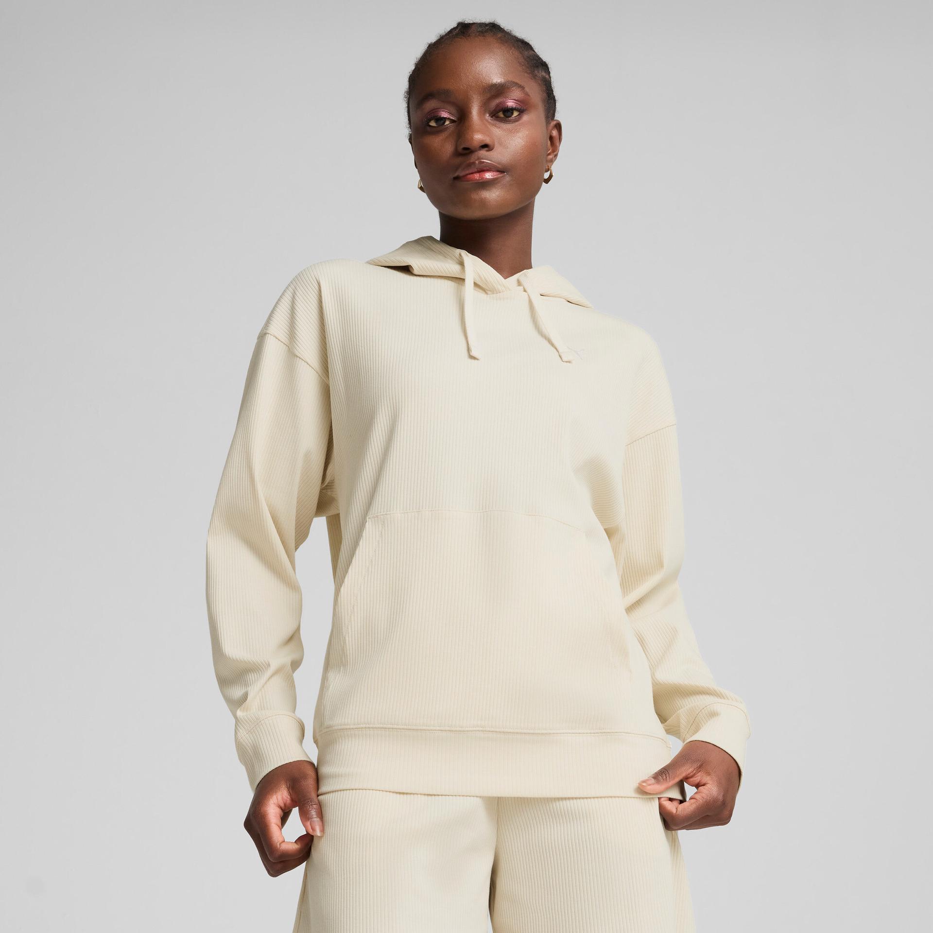 puma elevated essentials women's ribbed hoodie in white, size l