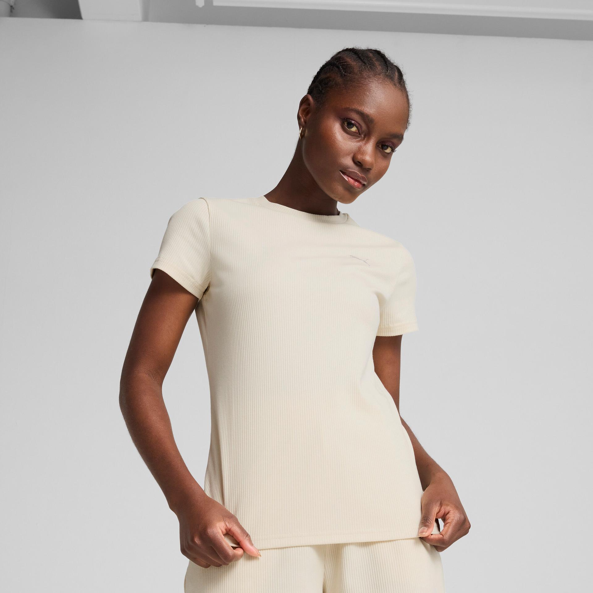 puma elevated essentials women's ribbed t-shirt in white, size s