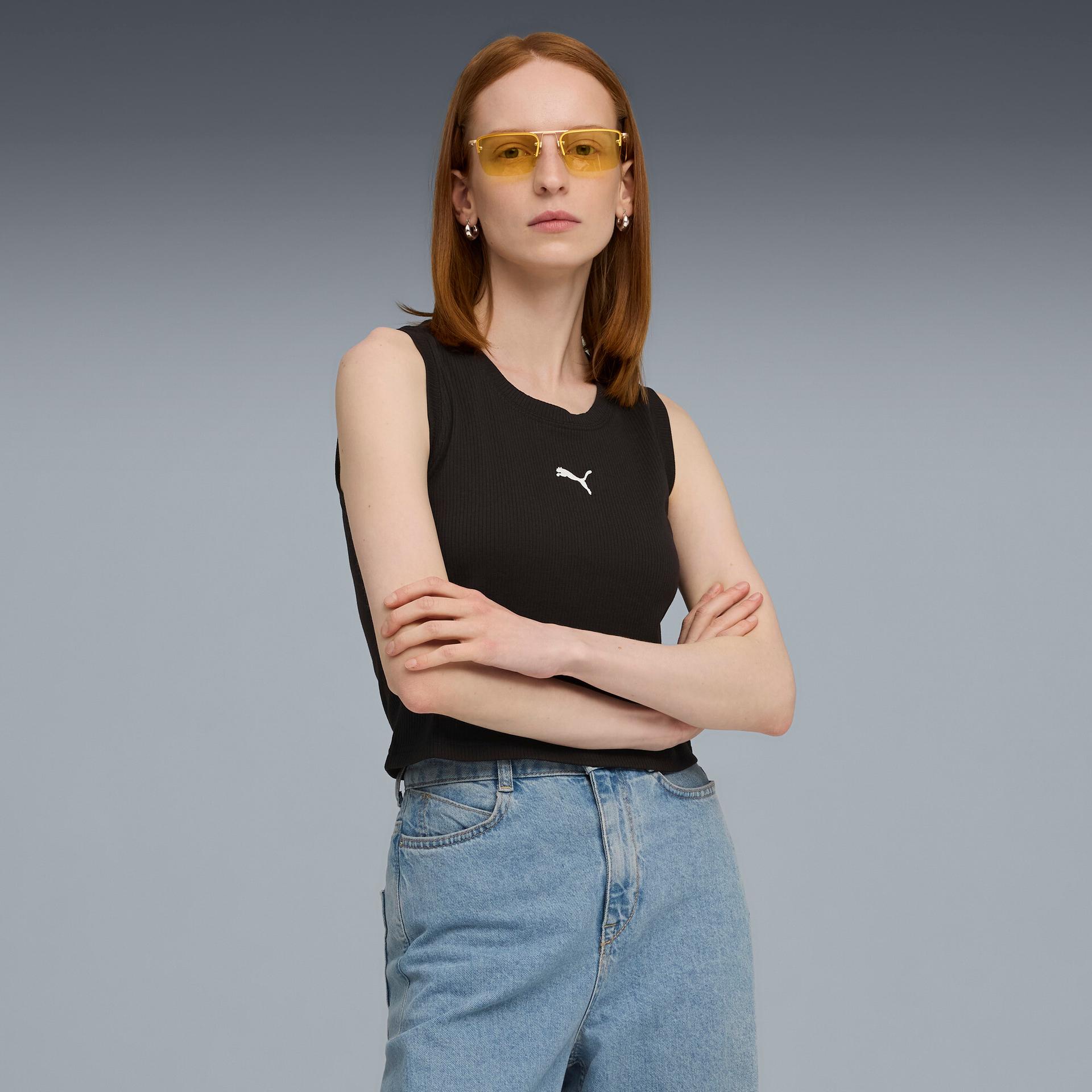 puma elevated essentials women's ribbed tank top in black, size xl