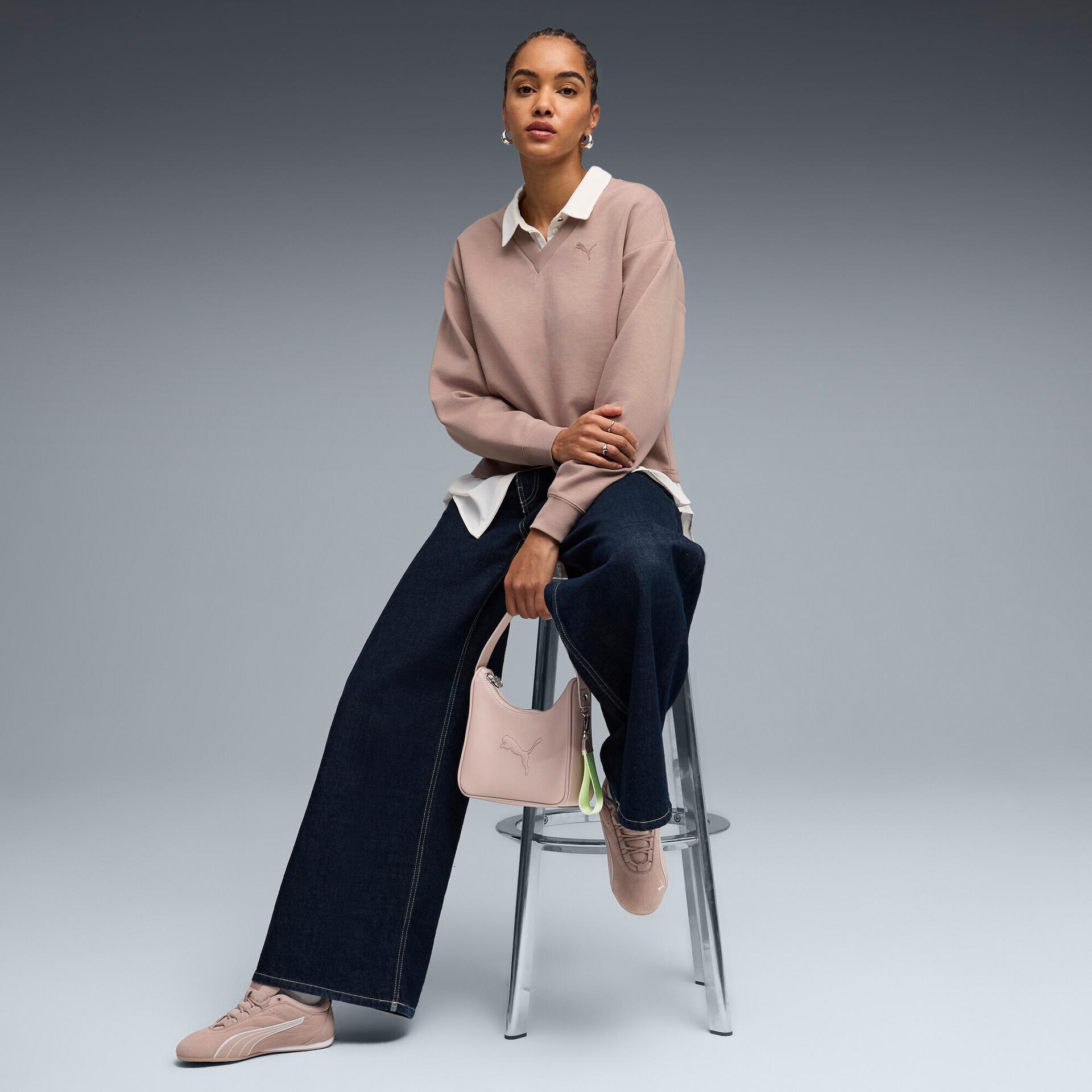 puma elevated essentials women's v-neck sweatshirt in beige, size m