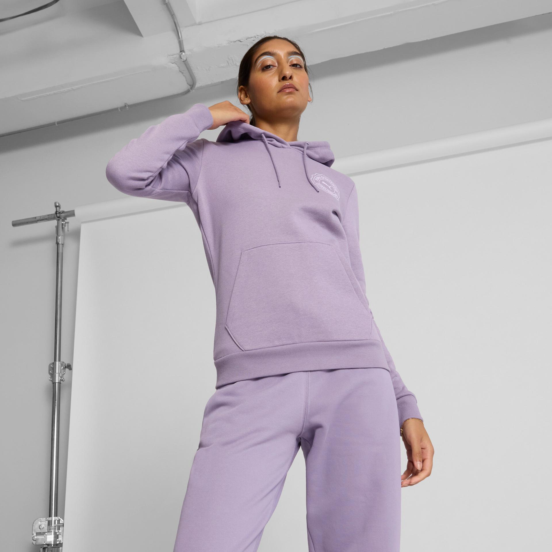 puma emblem women's hoodie in purple, size m