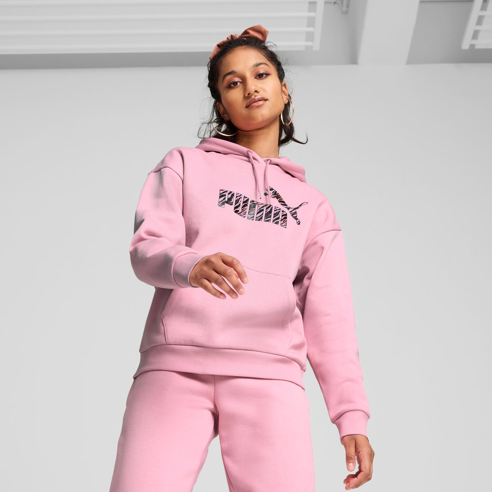 puma ess+ animal women's hoodie in pink, size xl