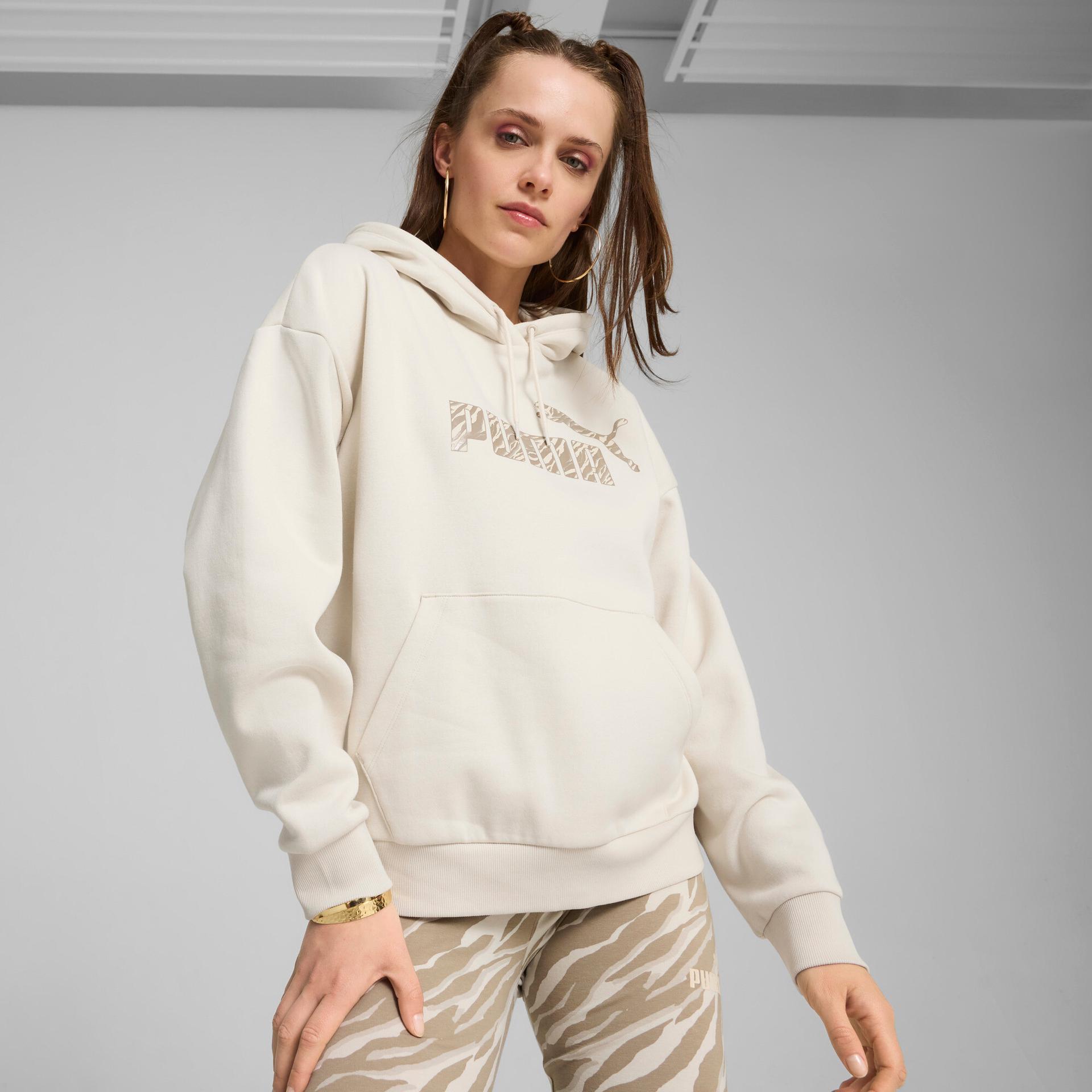 puma ess+ animal women's hoodie in white, size s