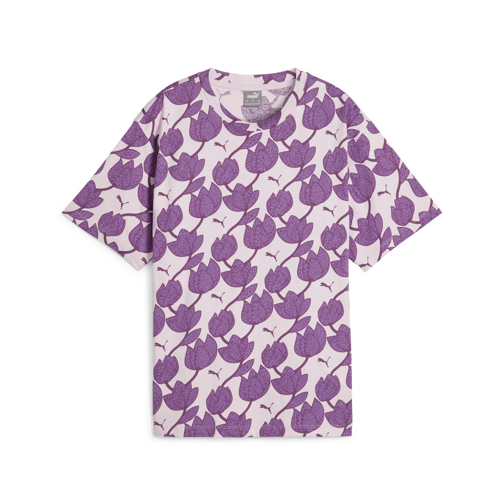 puma ess+ blossom women's t-shirt in purple, size 3xl
