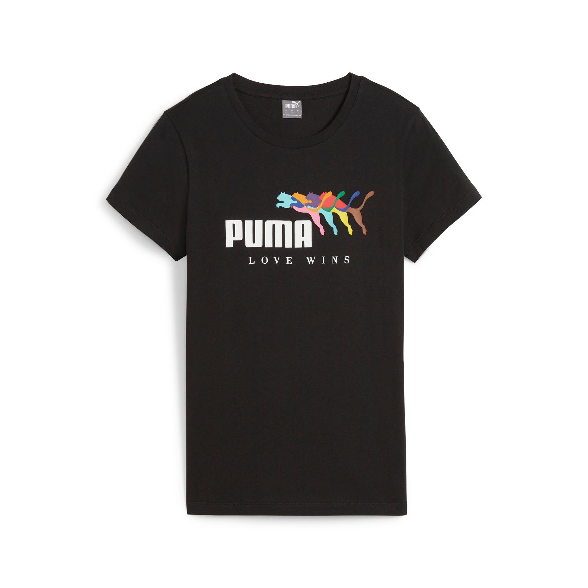 puma ess+ love wins women's t-shirt in black, size xl