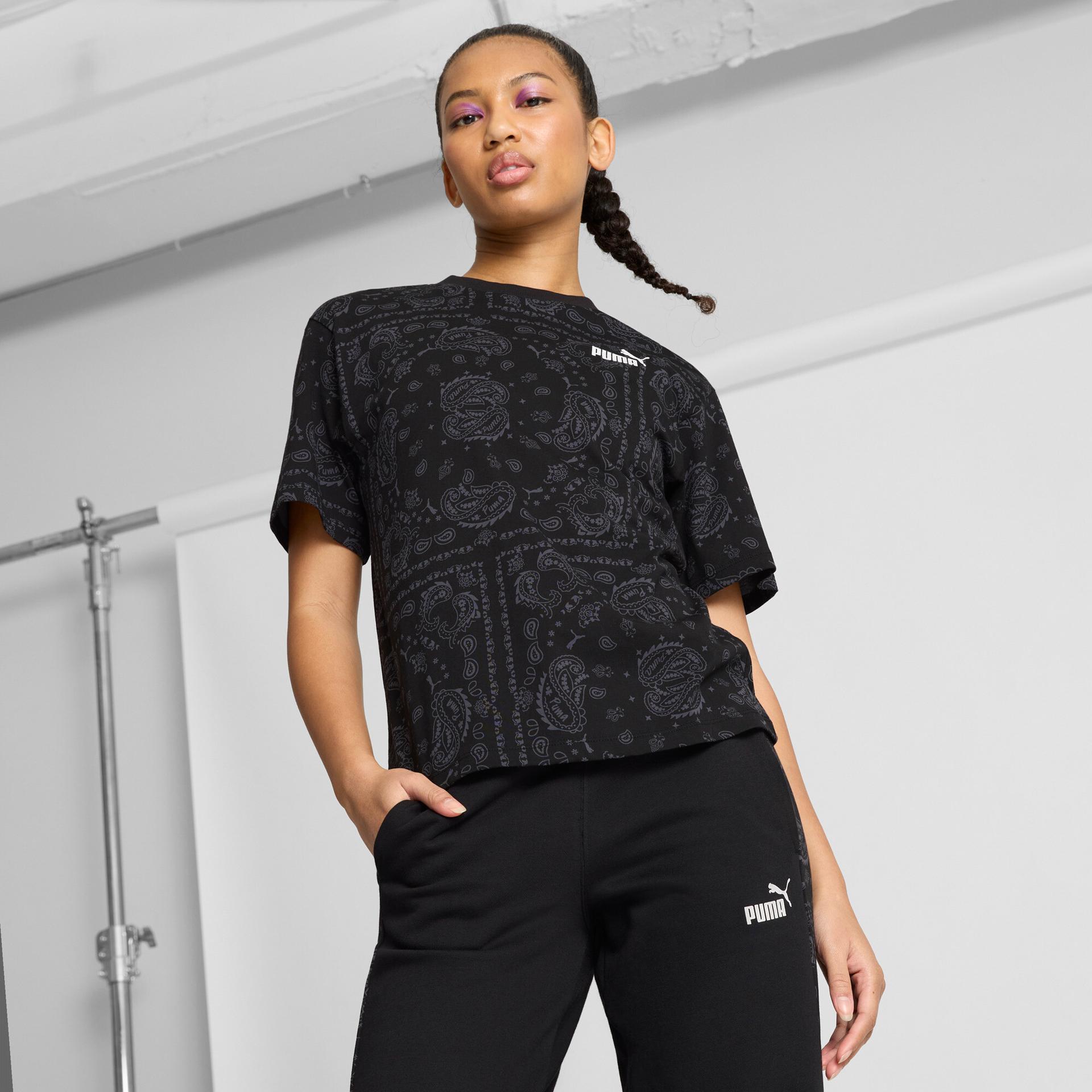 puma ess+ paisley aop women's t-shirt in black, size xxl