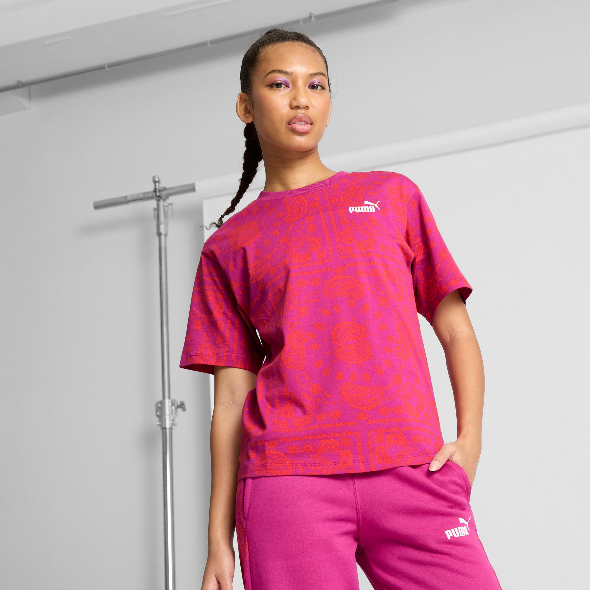 puma ess+ paisley aop women's t-shirt in pink, size xl