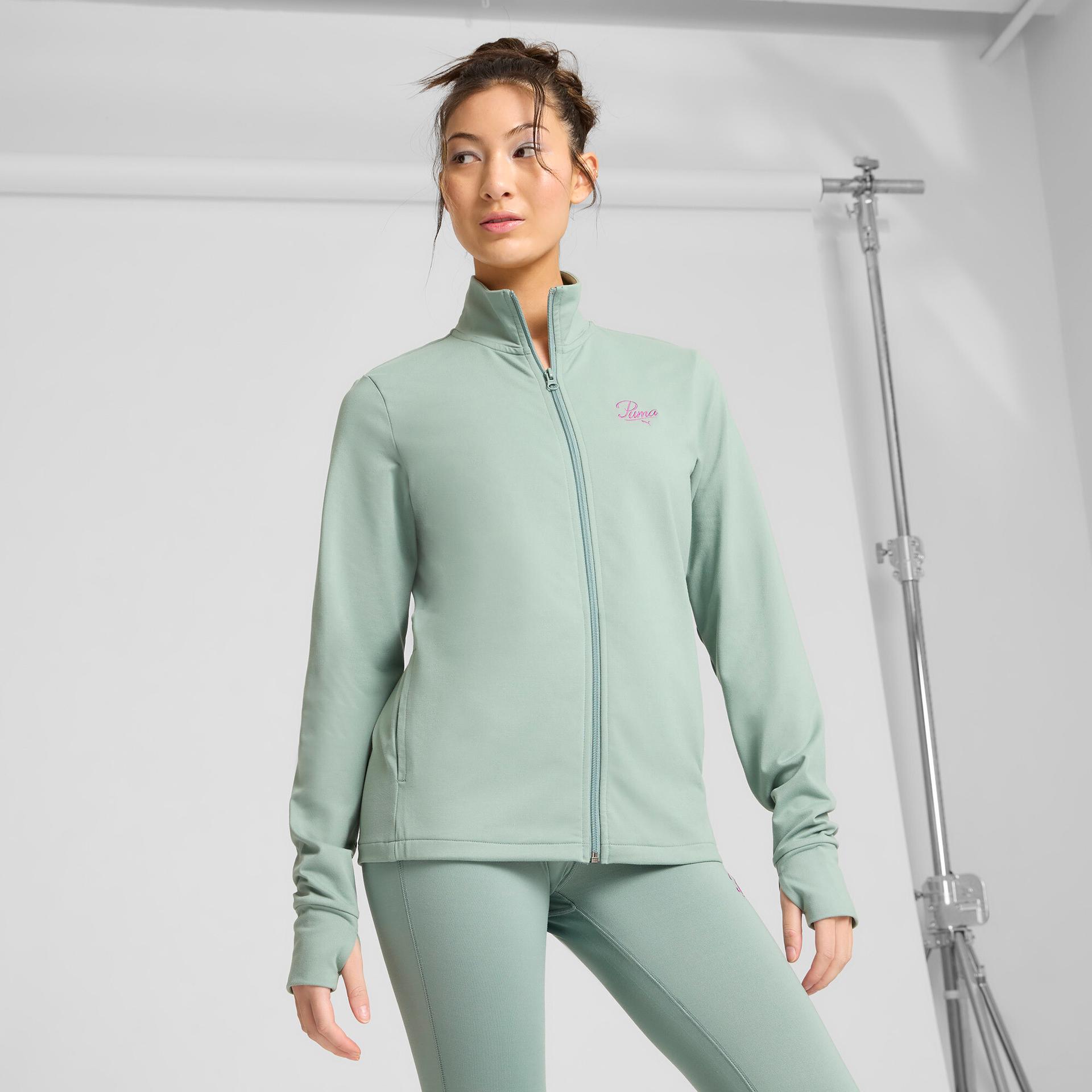 puma ess script women's full-zip jacket in green, size l