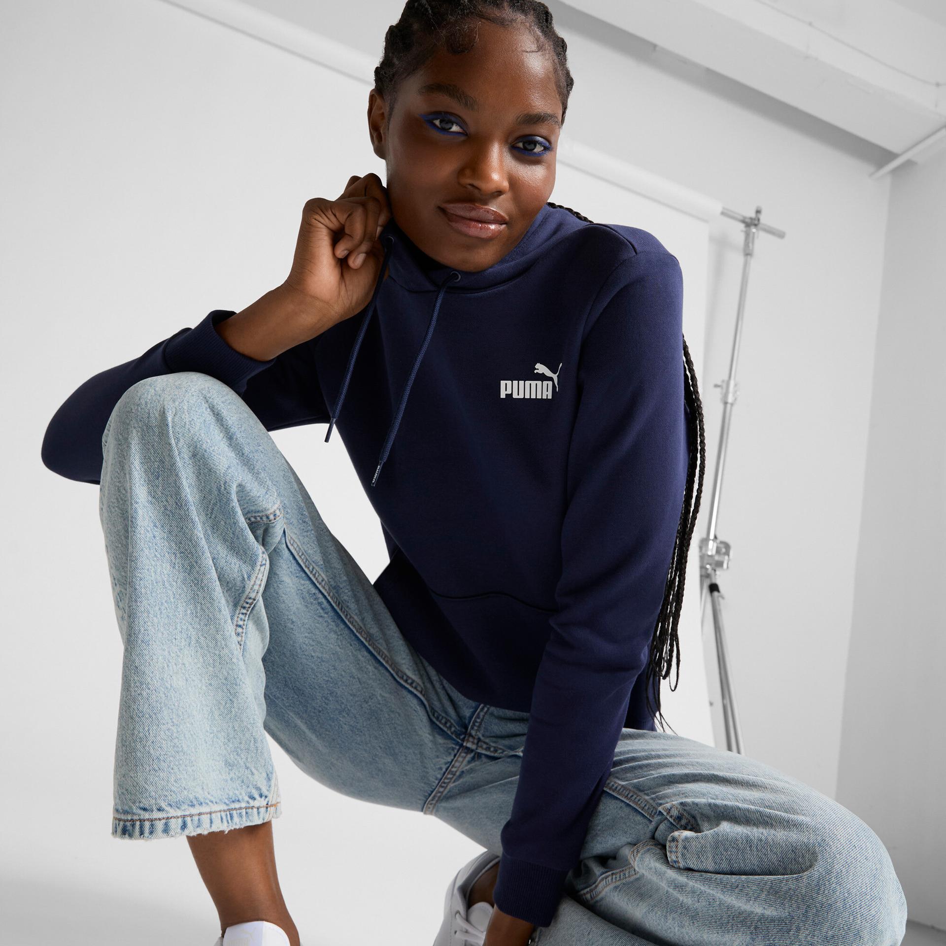 puma ess small logo women's hoodie in blue, size 3xl