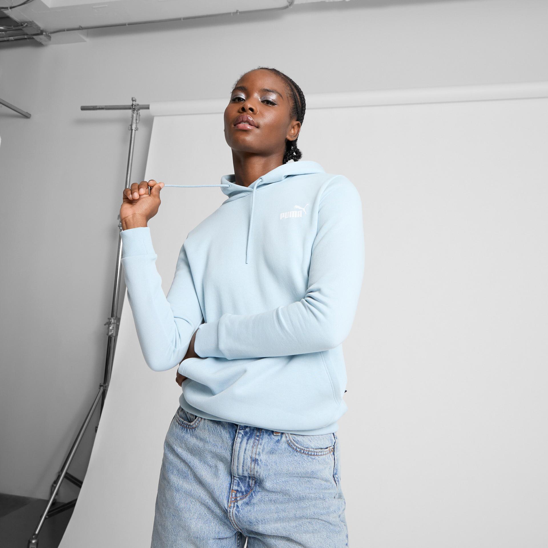 puma ess small logo women's hoodie in blue, size xs