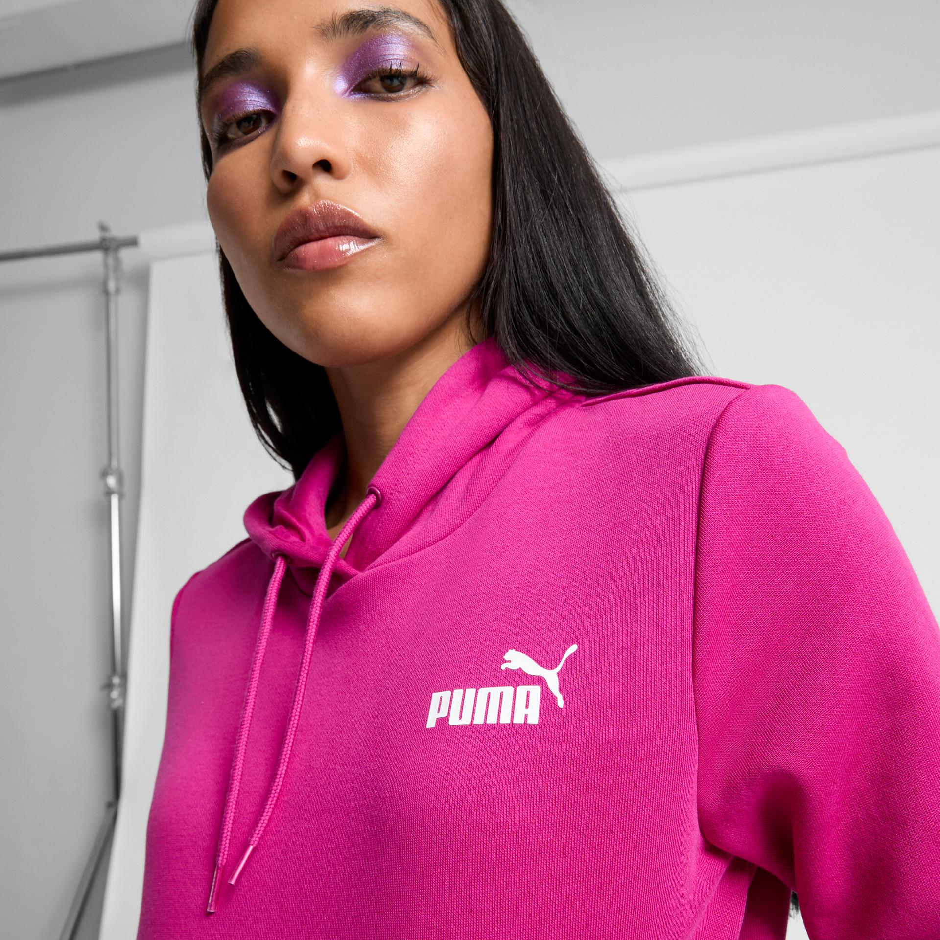 puma ess small logo women's hoodie in pink, size s