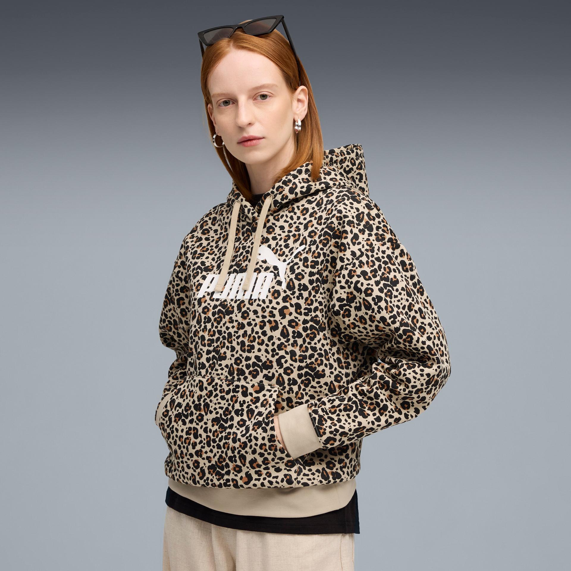 puma essentials animal print women's fleece hoodie in beige, size xs