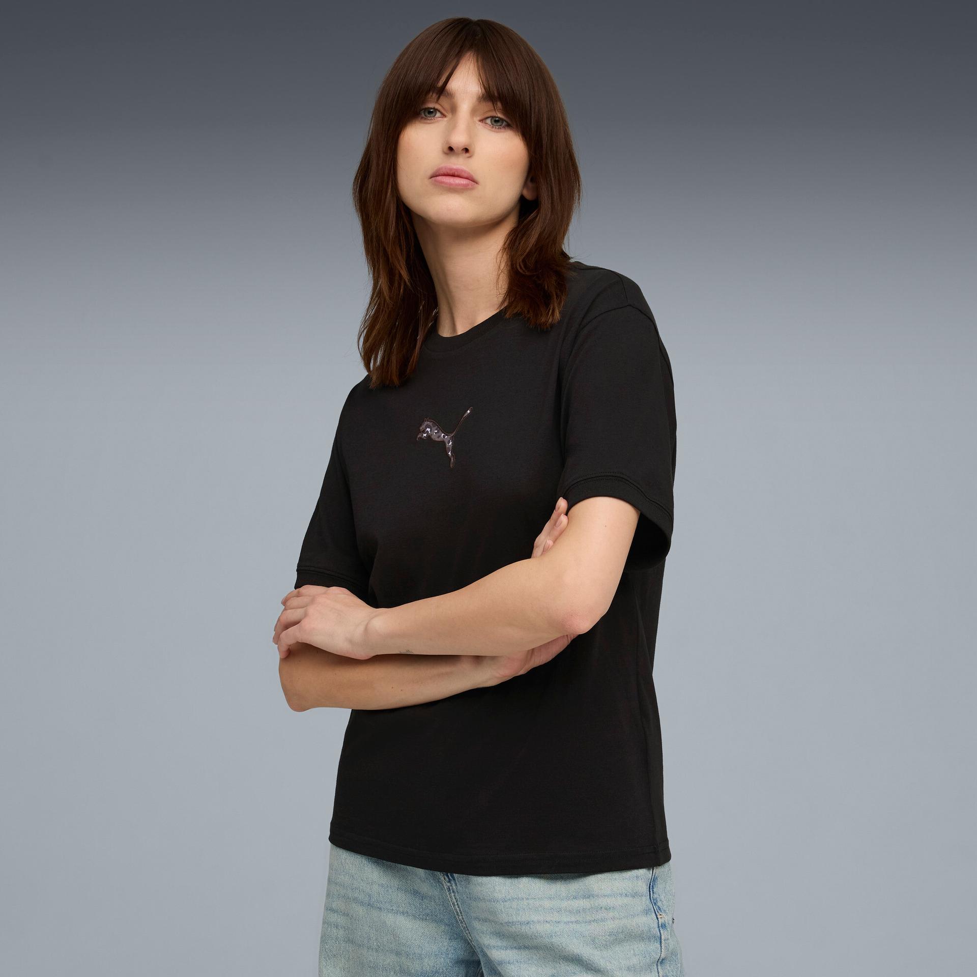 puma essentials animal print women's graphic t-shirt in black, size s