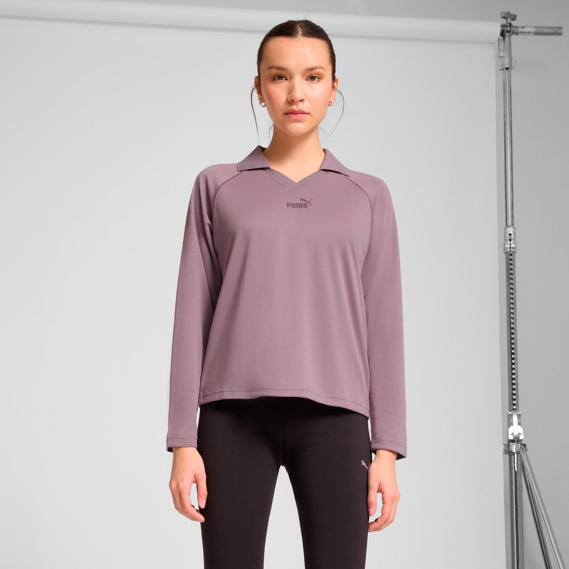 puma essentials animal print women's long sleeve polo shirt in purple, size l