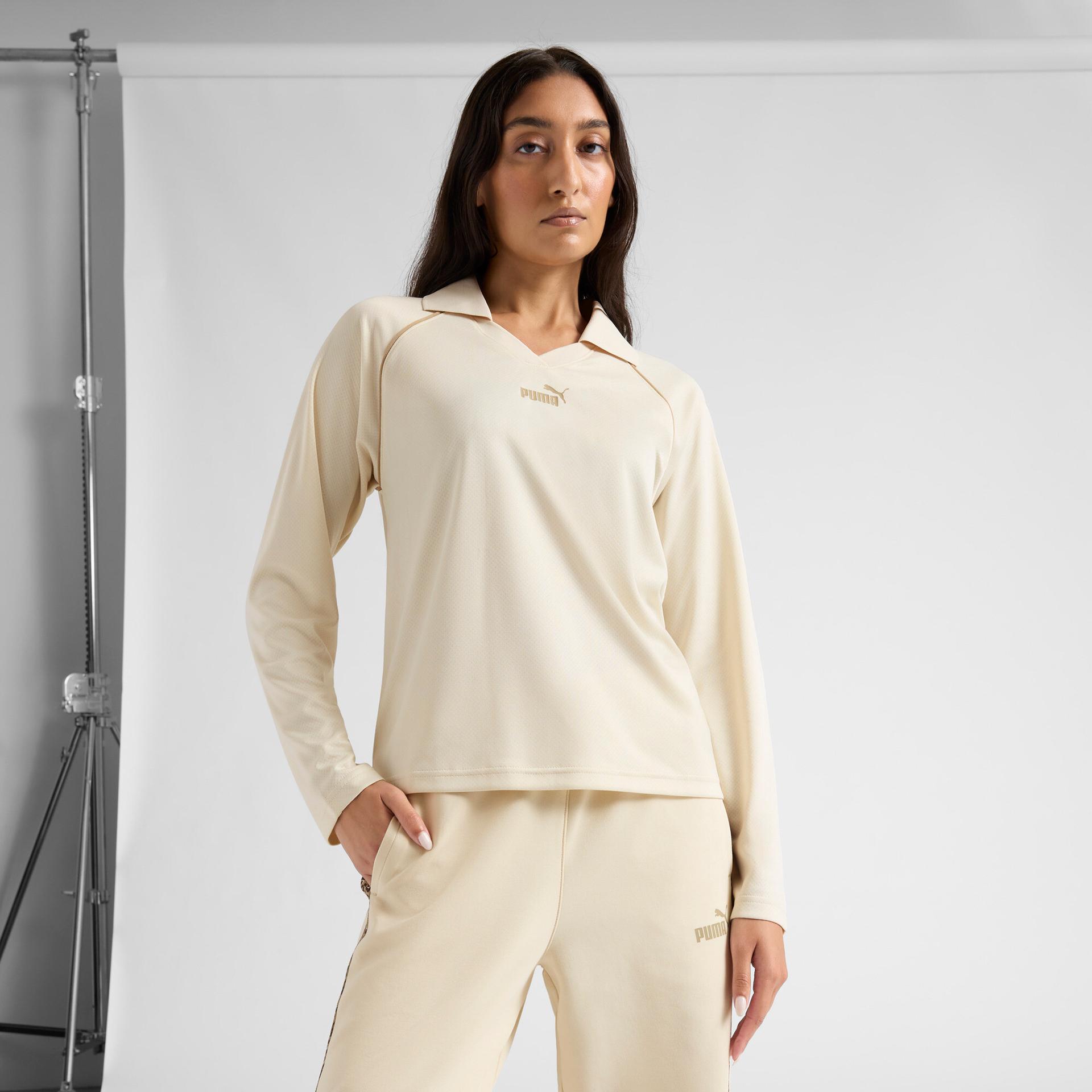 puma essentials animal print women's long sleeve polo shirt in white, size xl