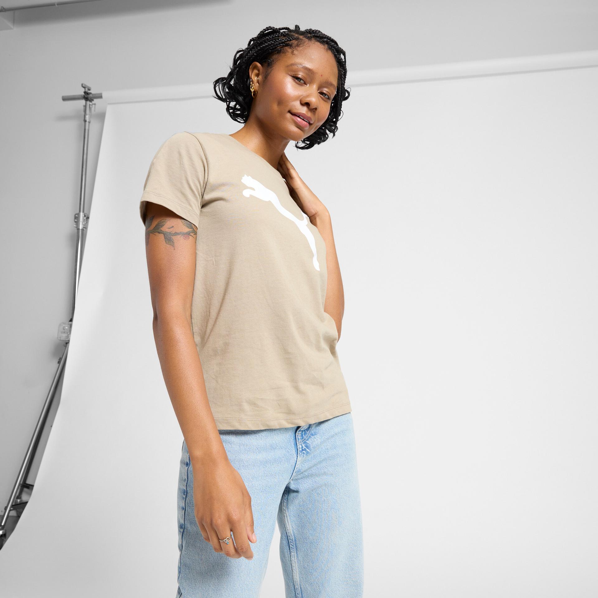 puma essentials big cat logo women's t-shirt in beige, size m