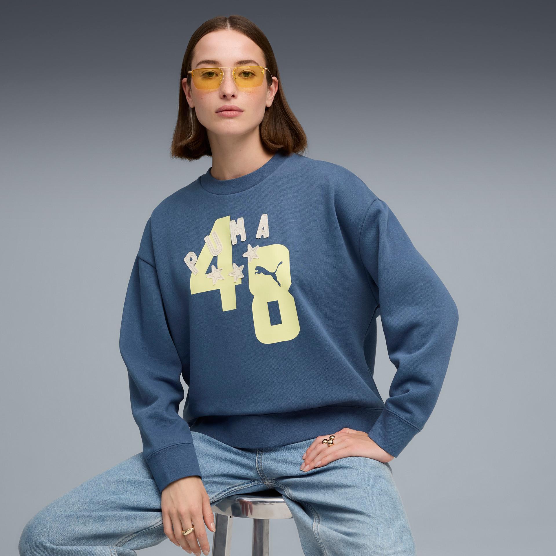 puma essentials double up women's crew neck sweatshirt in blue, size xs