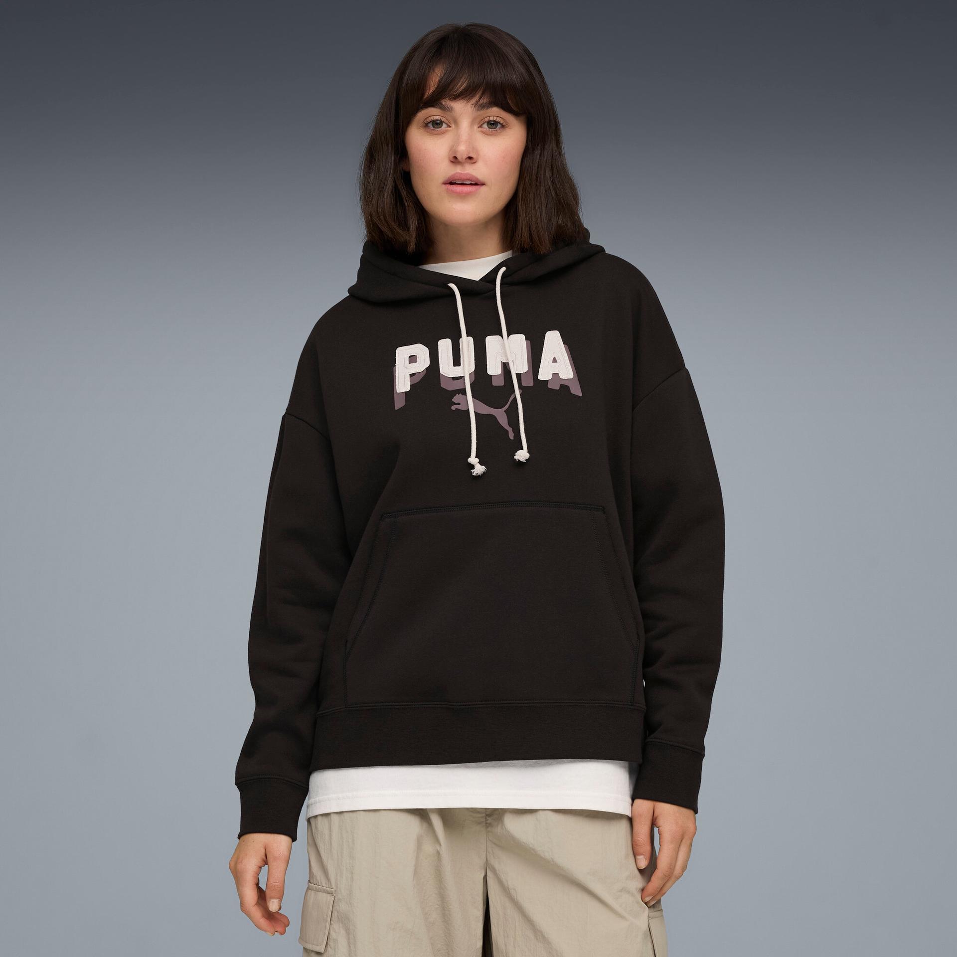 puma essentials double up women's hoodie in black, size l