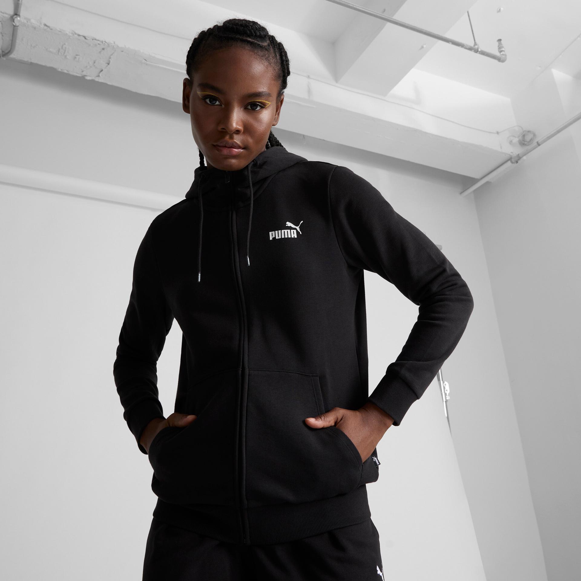 puma essentials full-zip women's hoodie in black, size l