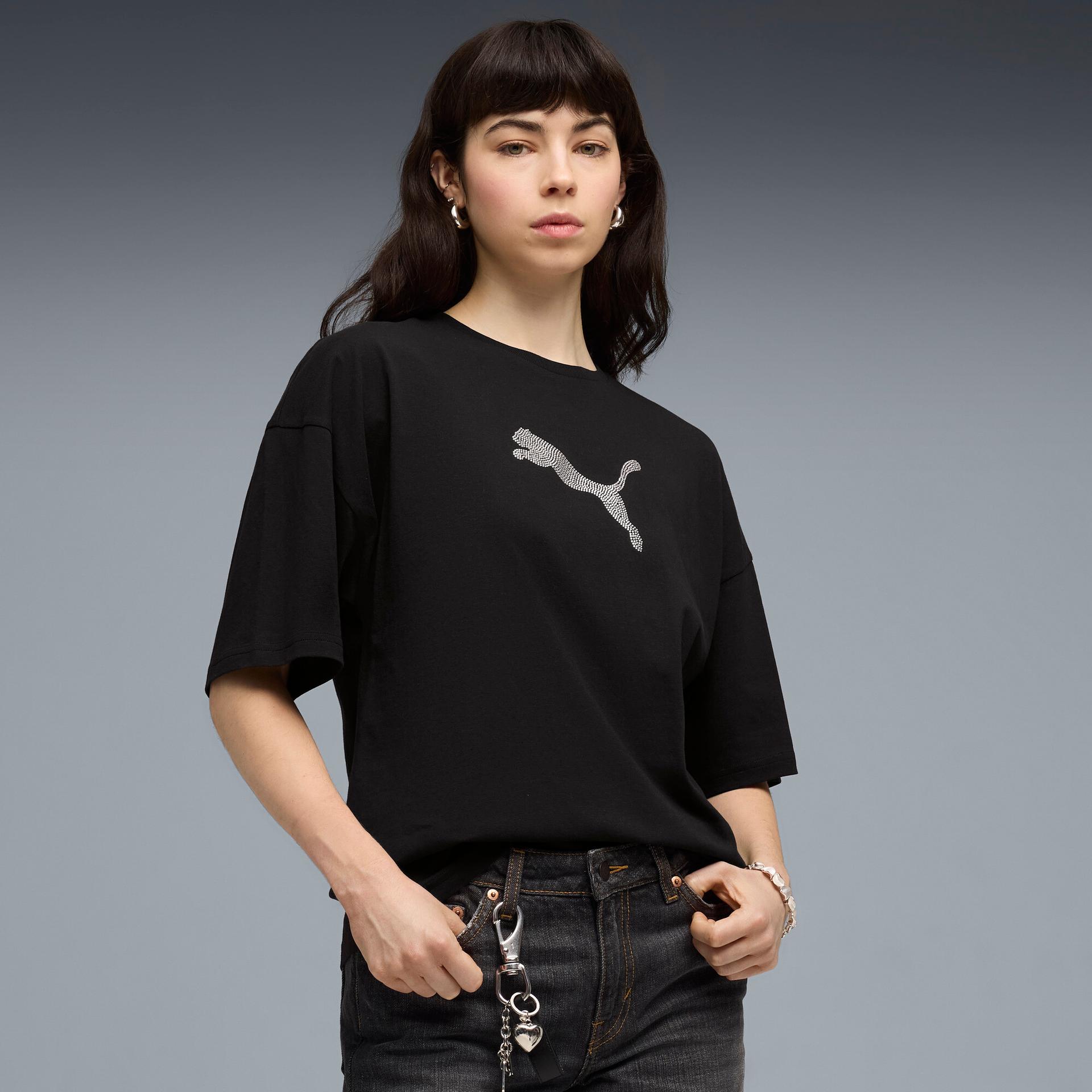 puma essentials graphics bedazzled women's oversized t-shirt in black, size s