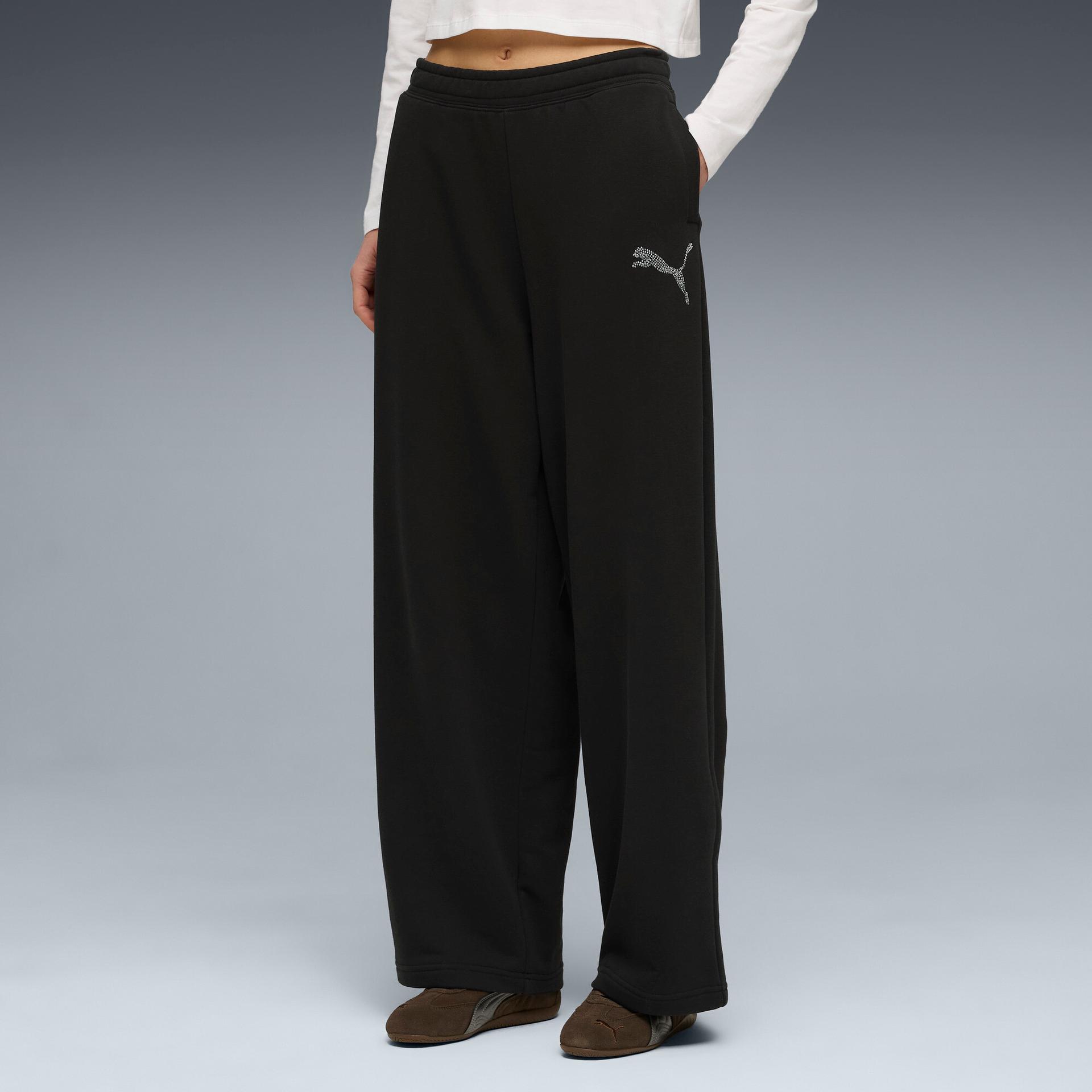 puma essentials graphics bedazzled women's slouchy pants in black, size m
