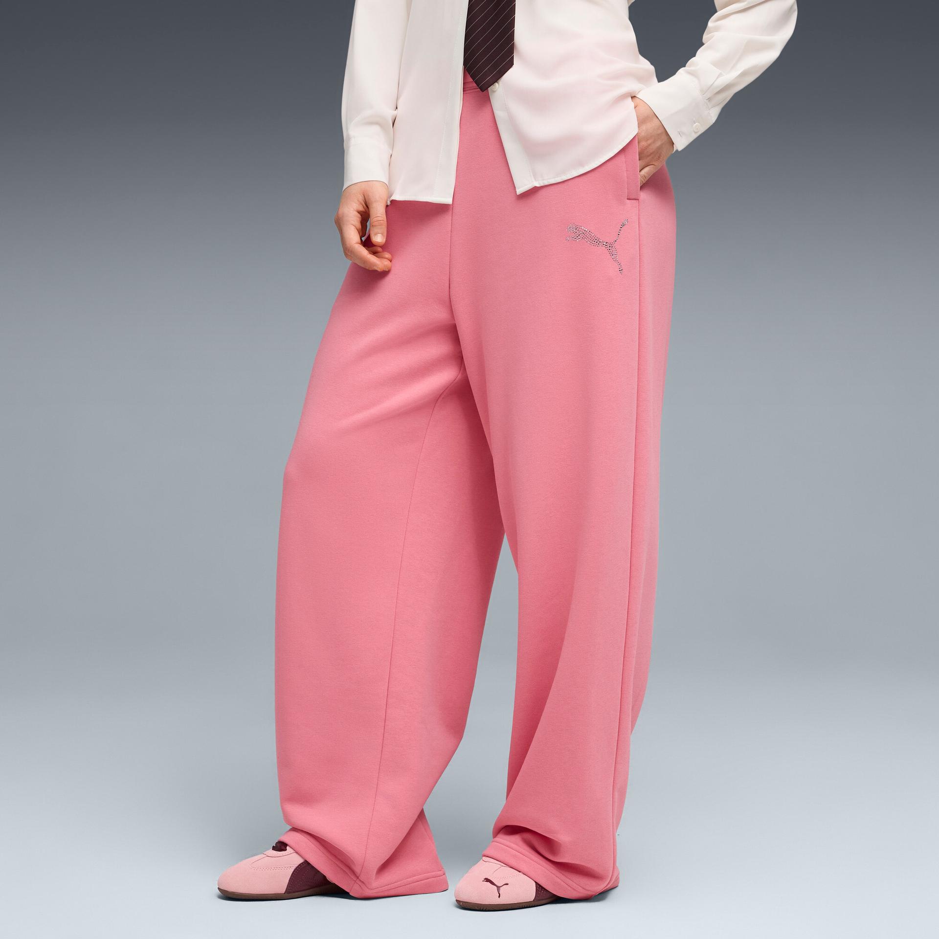 puma essentials graphics bedazzled women's slouchy pants in pink, size xl