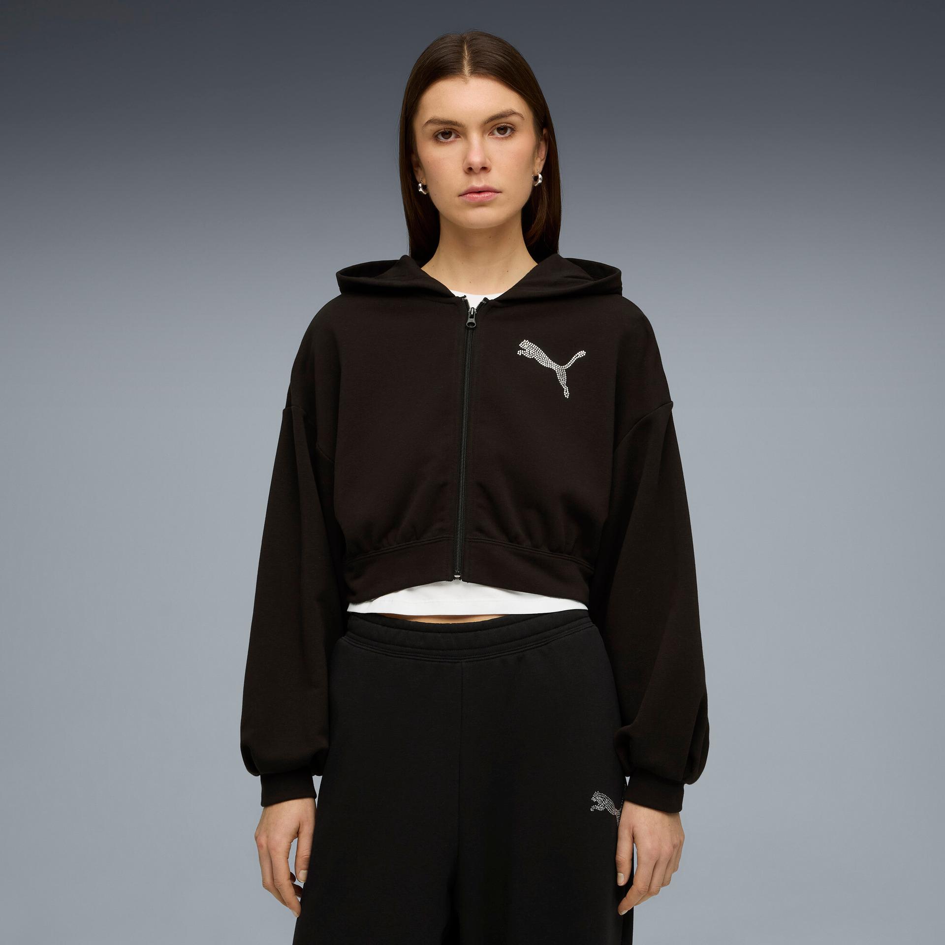 puma essentials graphics bedazzled women's zip-up hoodie in black, size l