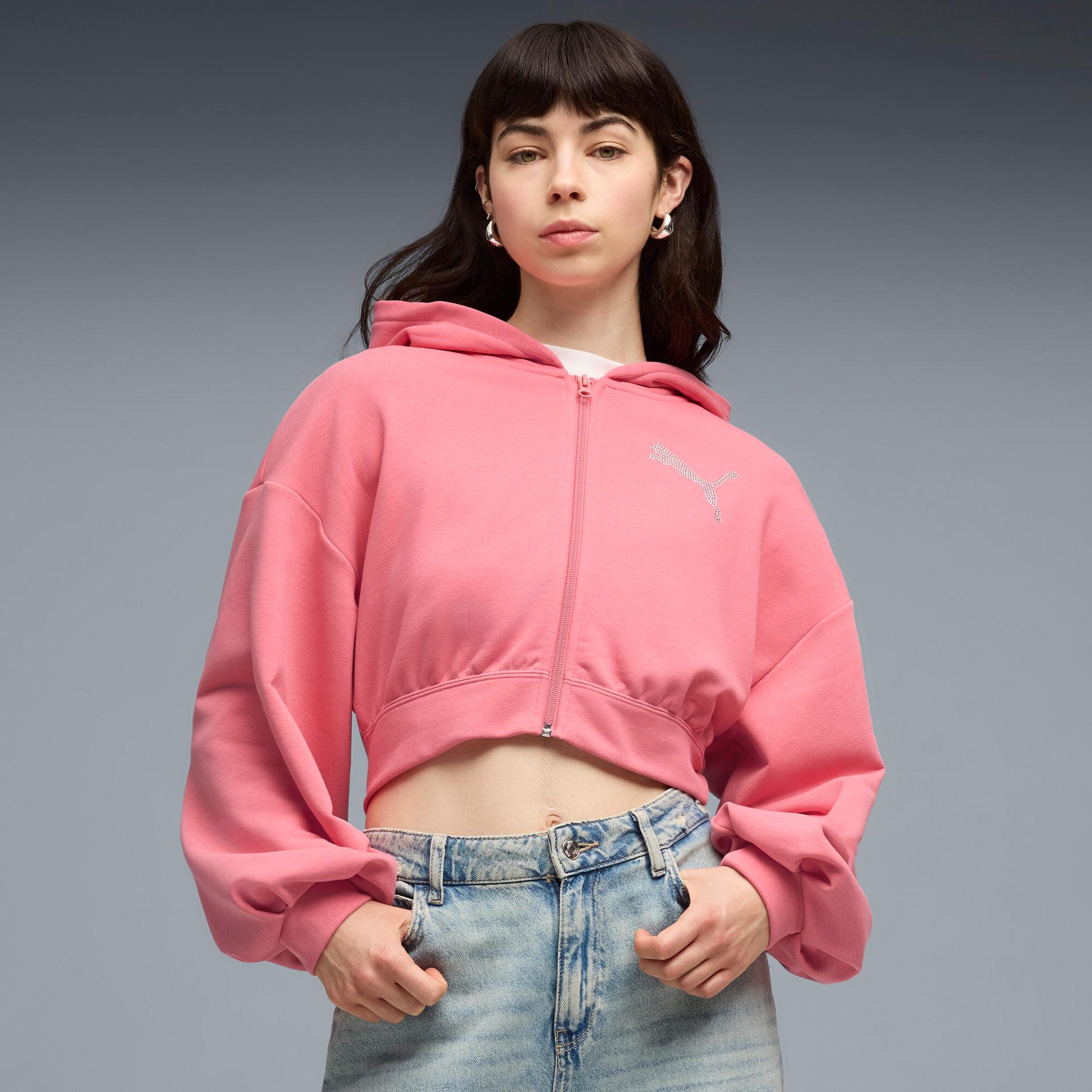 puma essentials graphics bedazzled women's zip-up hoodie in pink, size xs