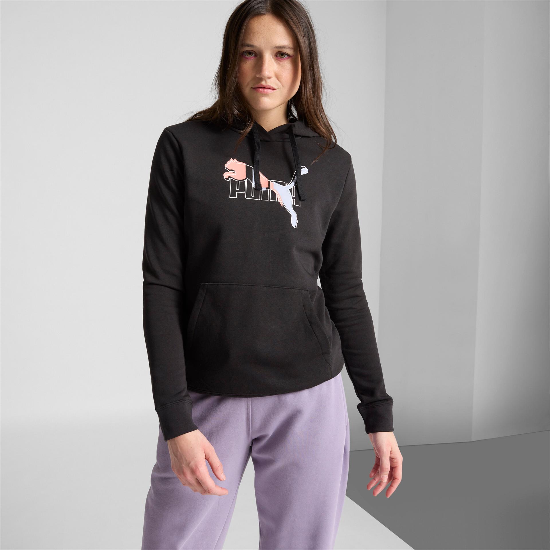 puma essentials logo lab women's hoodie in black, size l