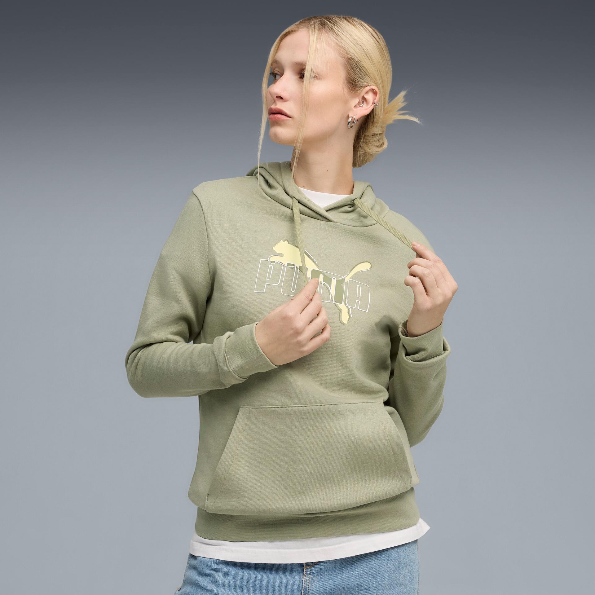 puma essentials logo lab women's hoodie in green, size xl