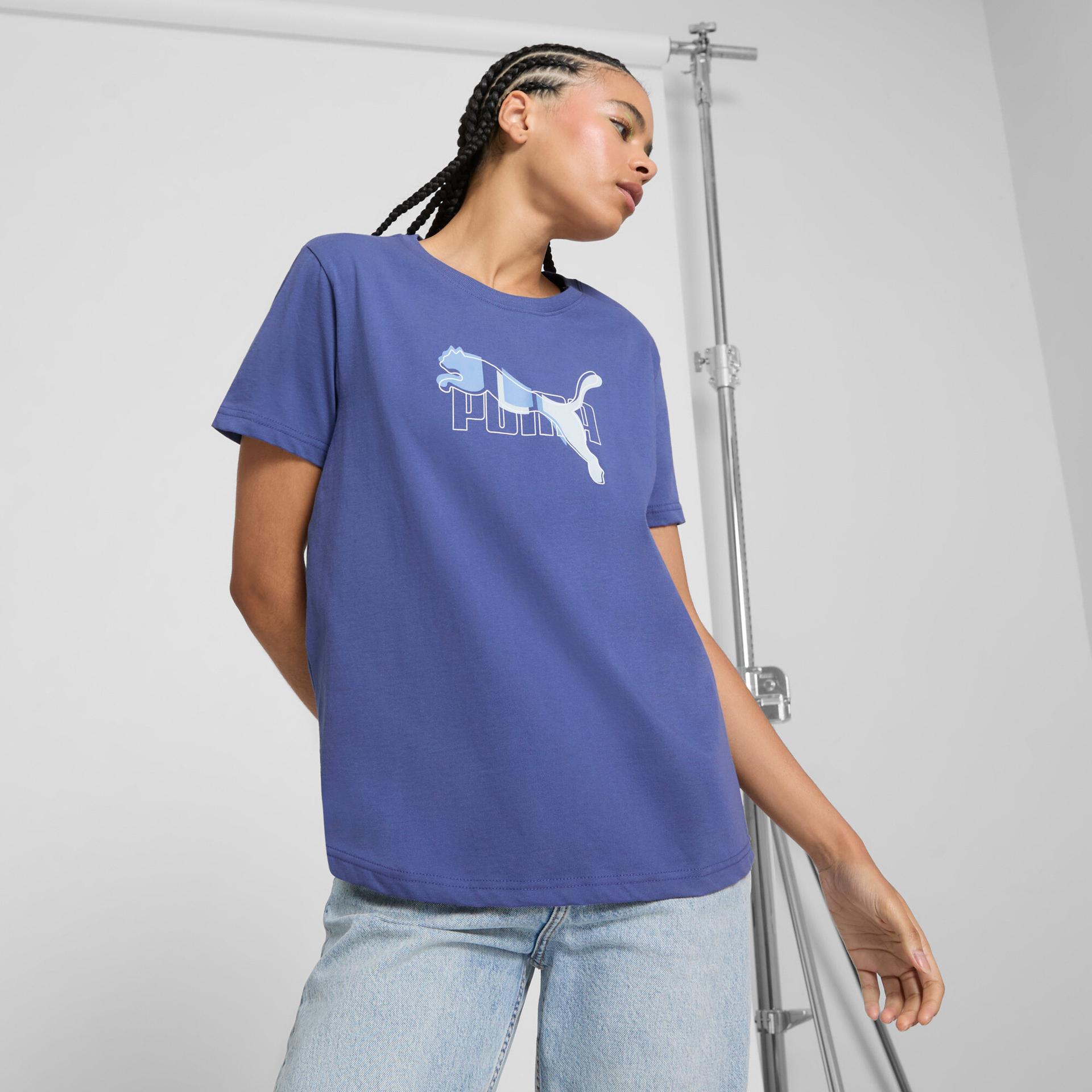 puma essentials logo lab women's t-shirt in blue, size xl