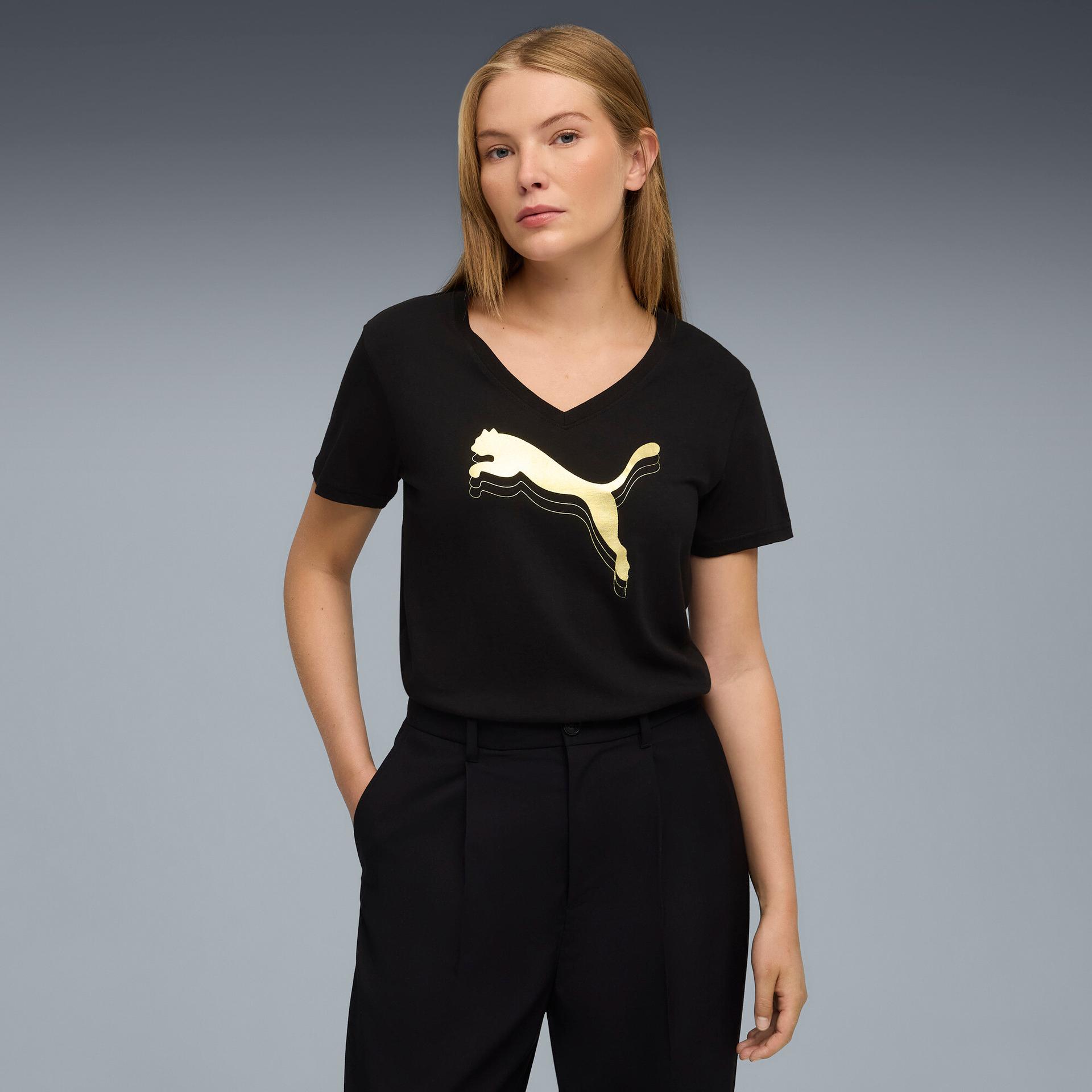 puma essentials metallic women's v-neck t-shirt in black, size m