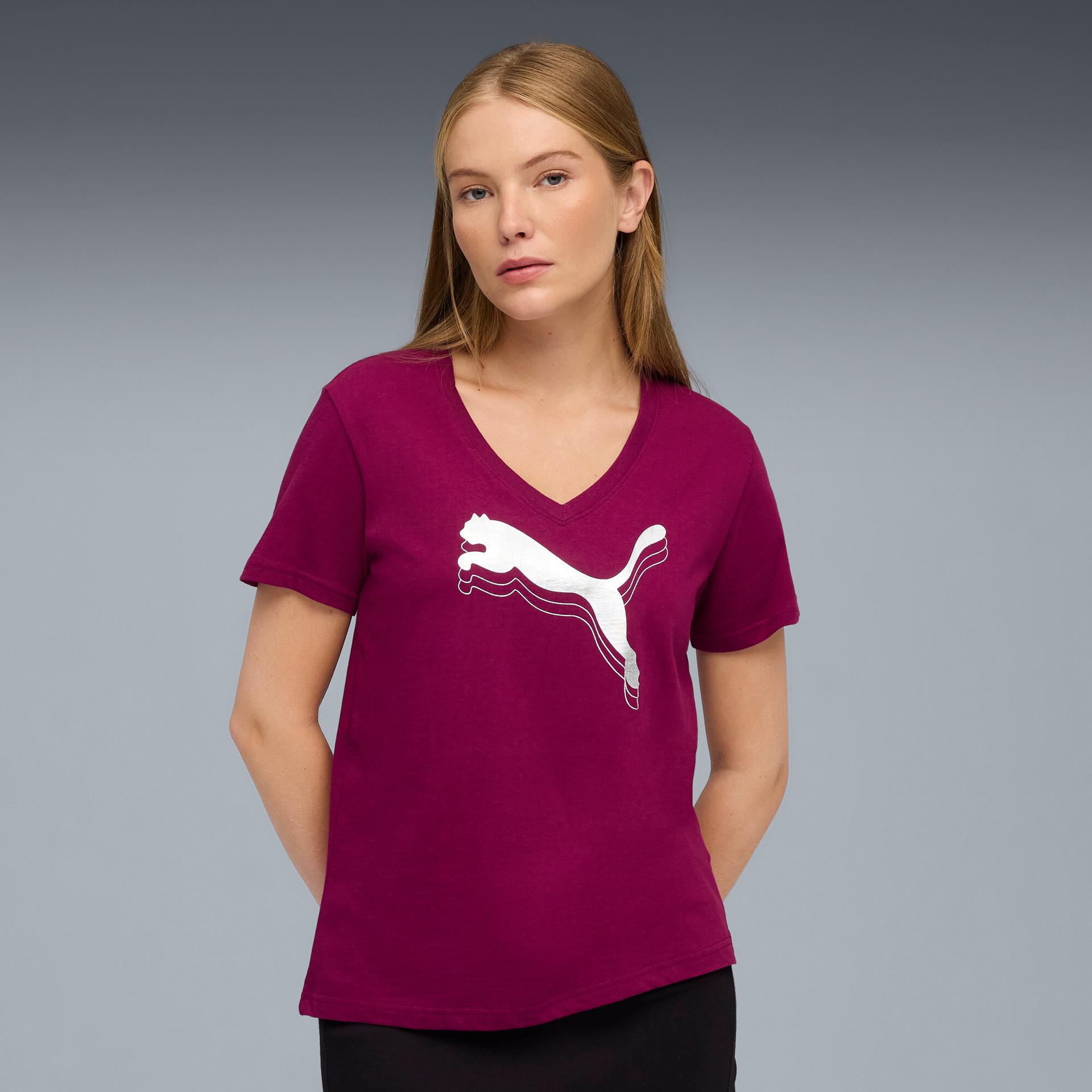 puma essentials metallic women's v-neck t-shirt in pink, size s