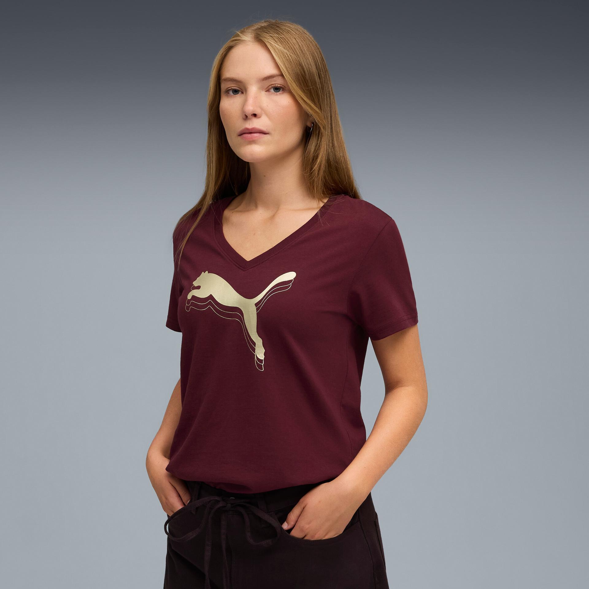 puma essentials metallic women's v-neck t-shirt in red, size m