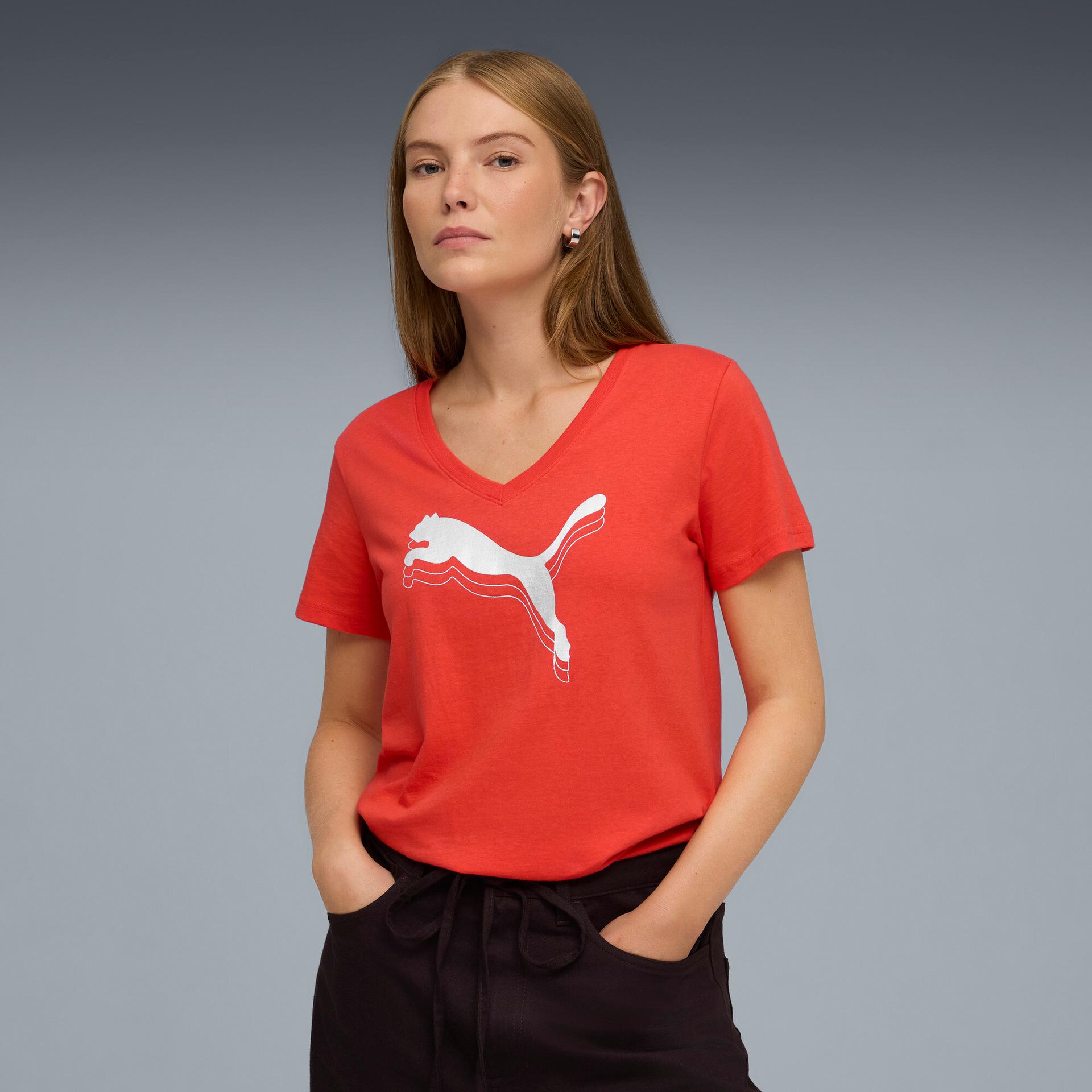 puma essentials metallic women's v-neck t-shirt in red, size s