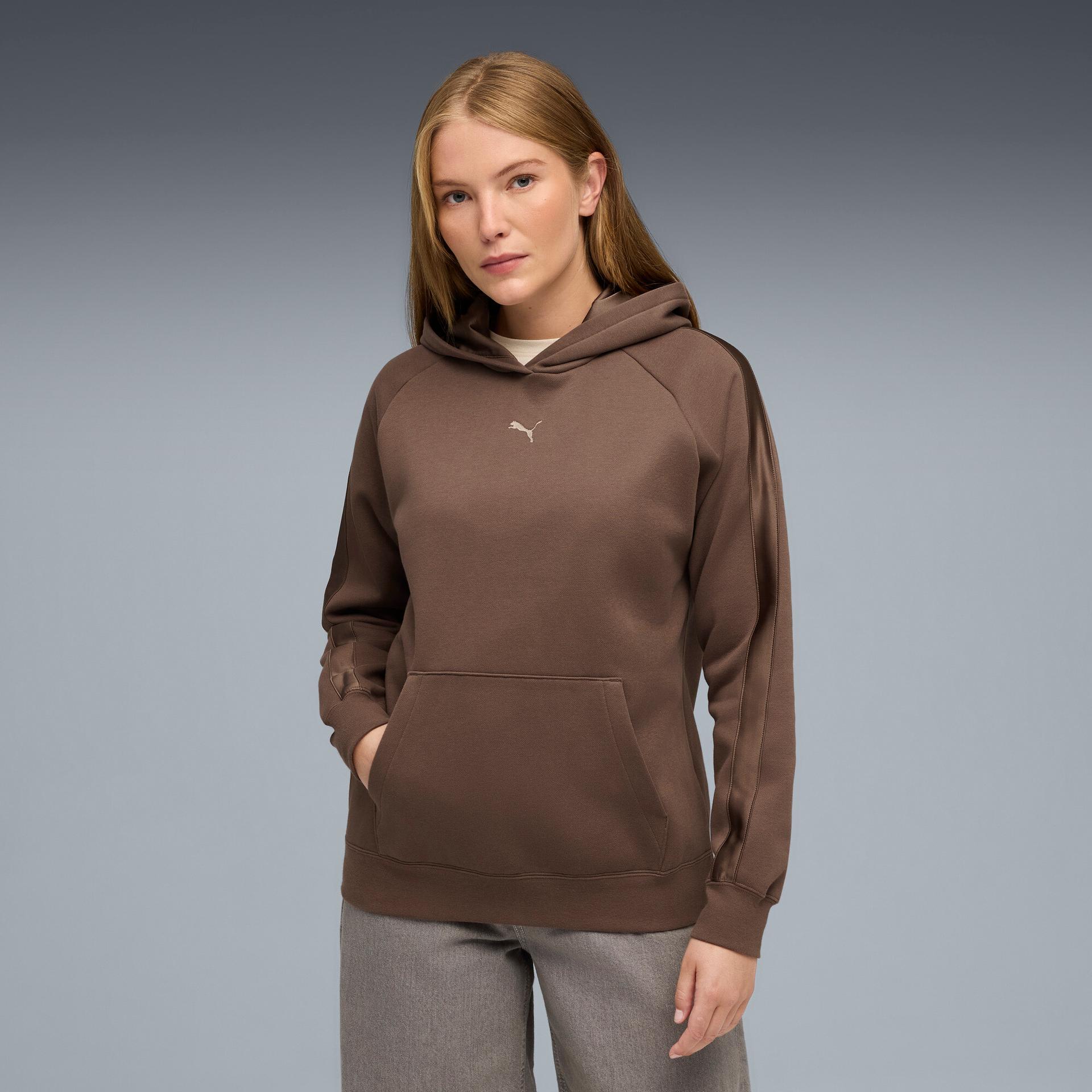 puma essentials satin women's hoodie in brown, size l