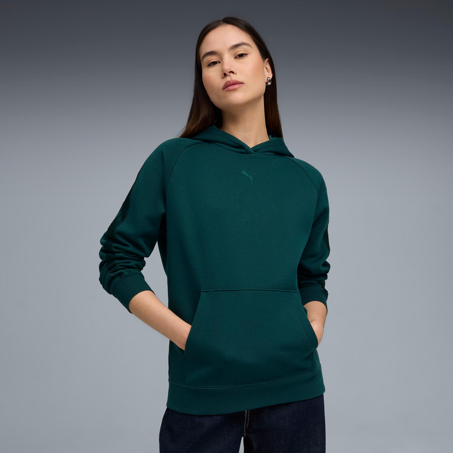 puma essentials satin women's hoodie in green, size l