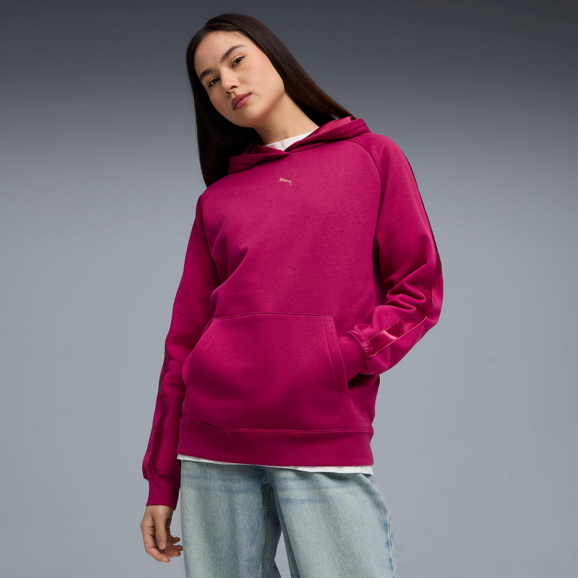 puma essentials satin women's hoodie in pink, size l