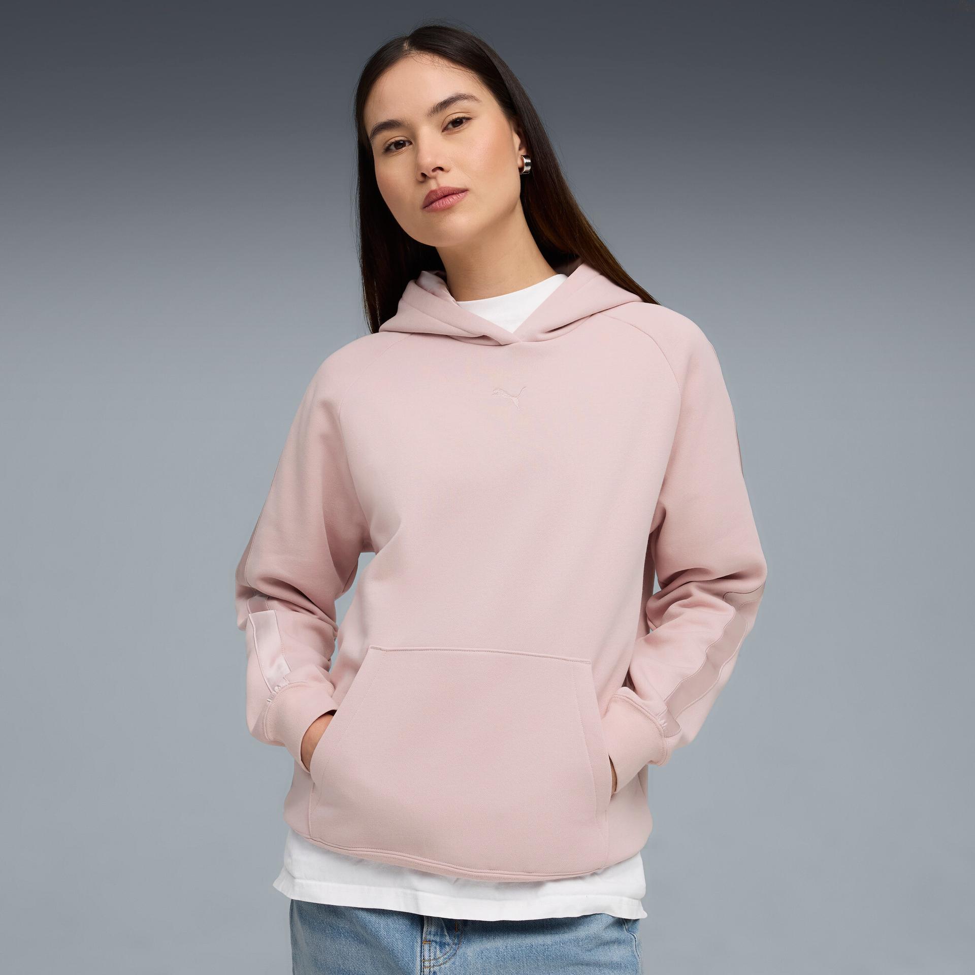 puma essentials satin women's hoodie in pink, size xxl