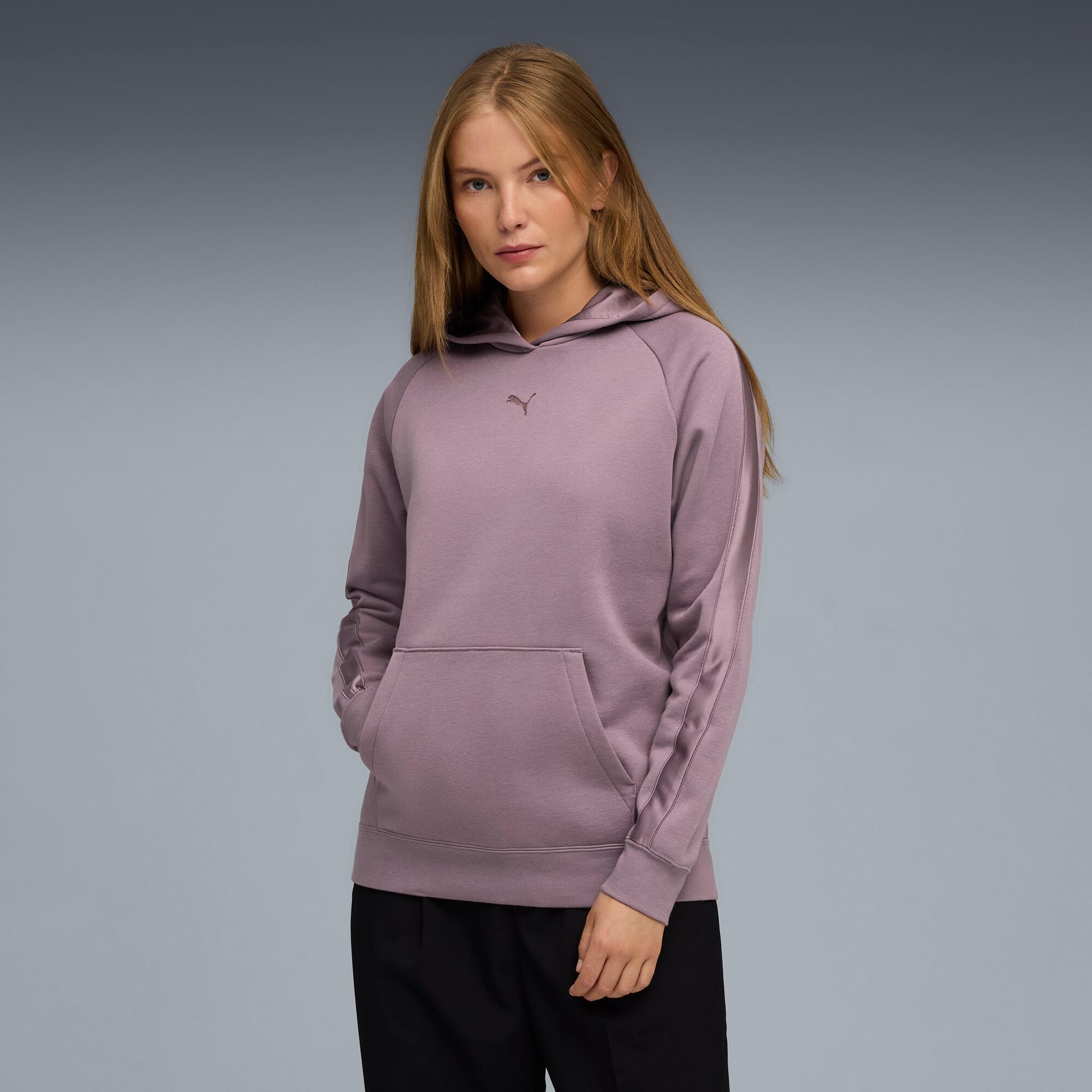 puma essentials satin women's hoodie in purple, size l