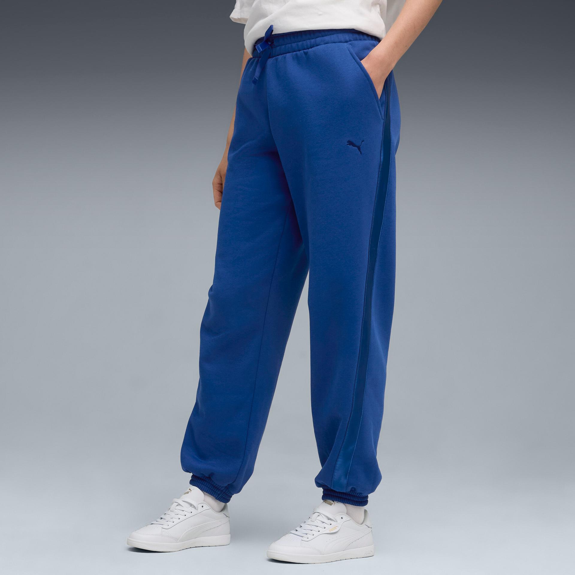 puma essentials satin women's joggers pant in blue, size xs