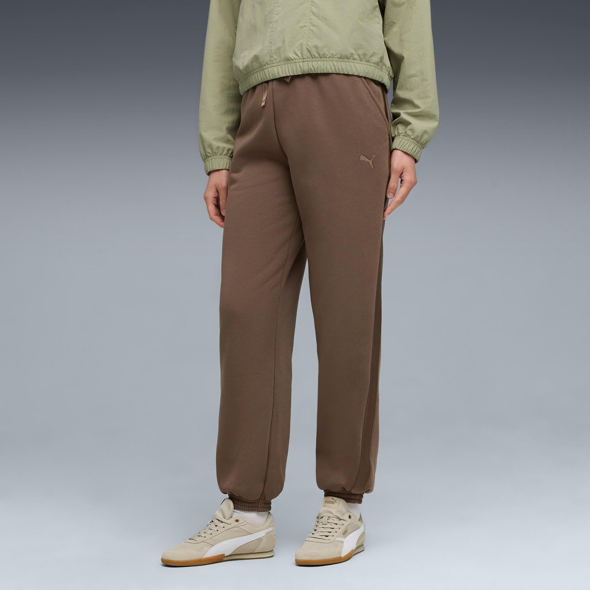puma essentials satin women's joggers pant in brown, size xs