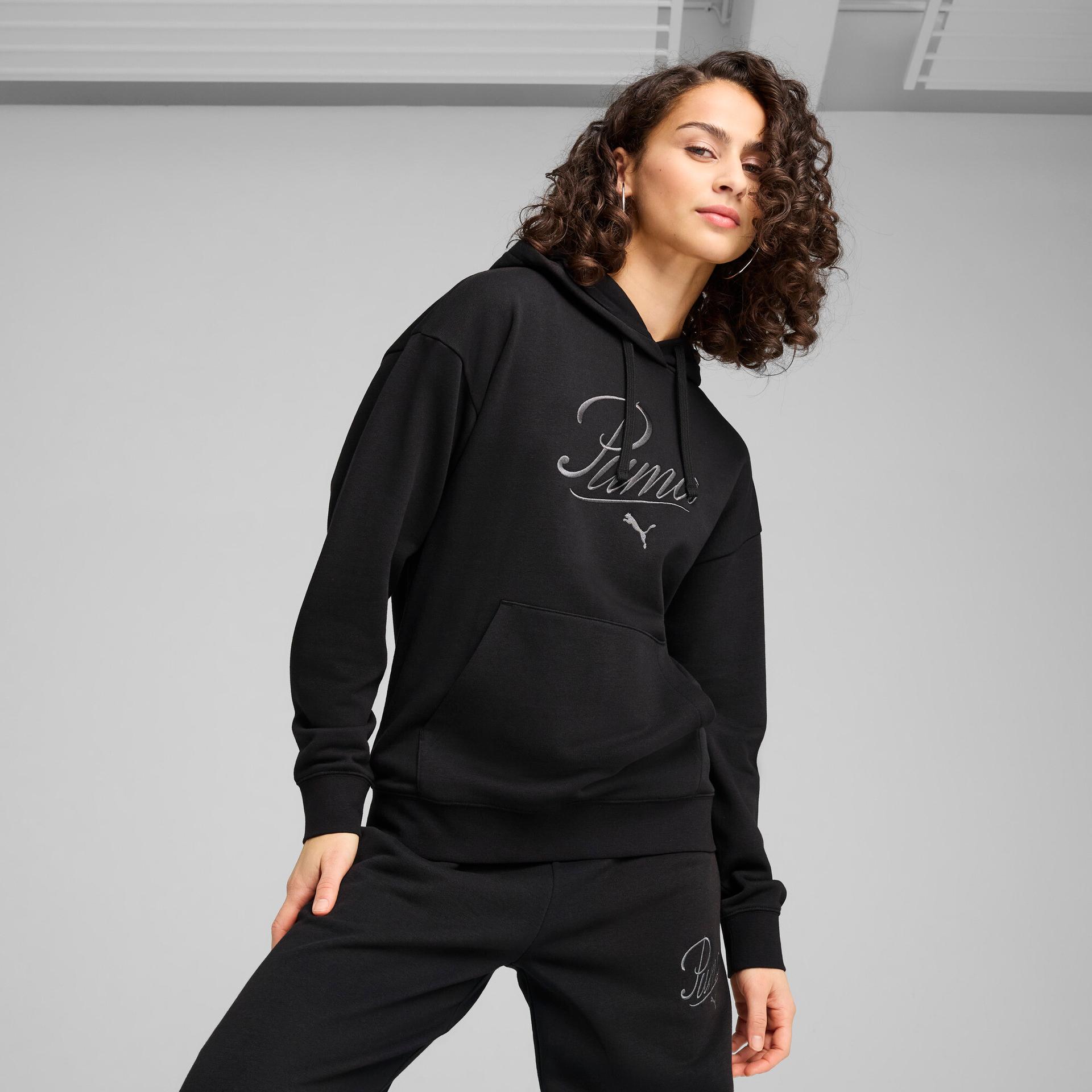 puma essentials script women's comfort hoodie in black, size xl