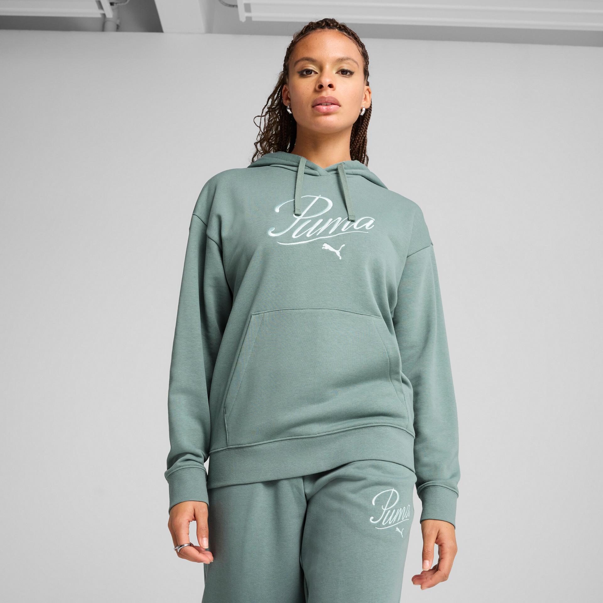 puma essentials script women's comfort hoodie in green, size s