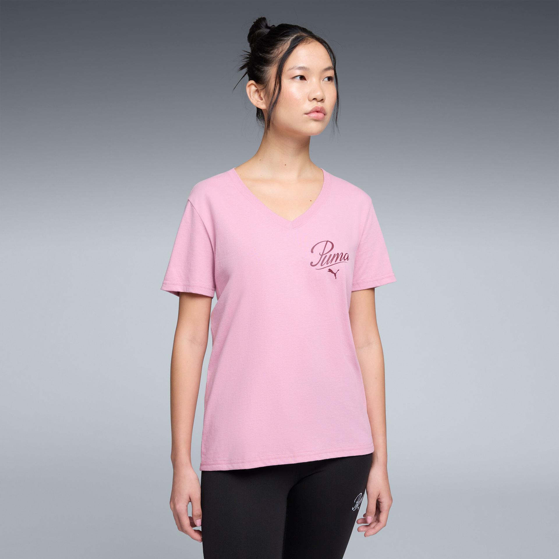 puma essentials script women's v-neck t-shirt in pink, size l