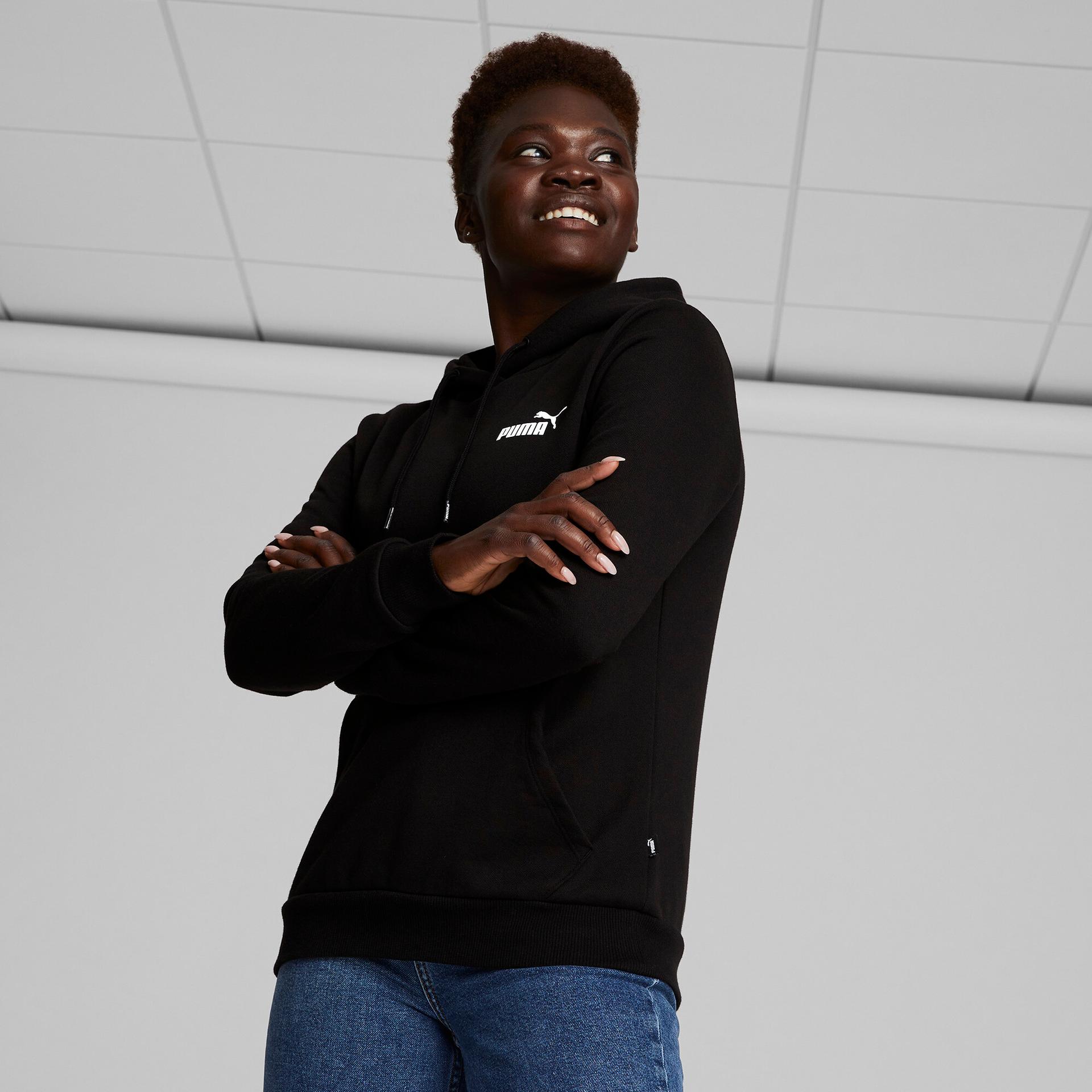 puma essentials small logo women's hoodie in black, size xs