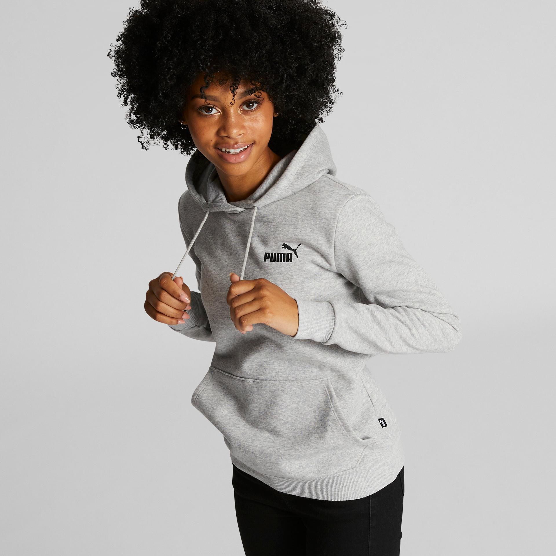 puma essentials small logo women's hoodie in grey, size s