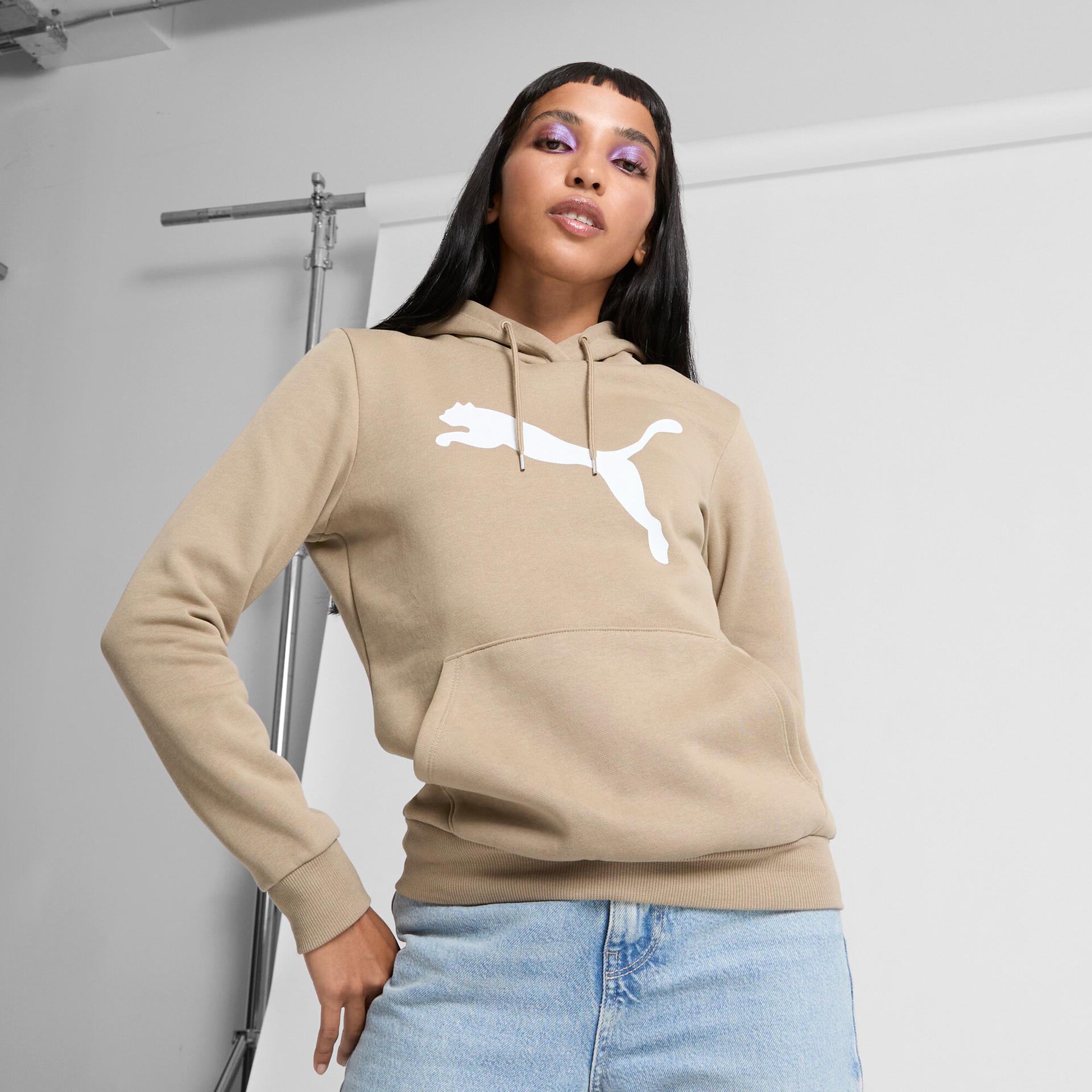 puma essentials women's big cat logo hoodie in beige, size xl