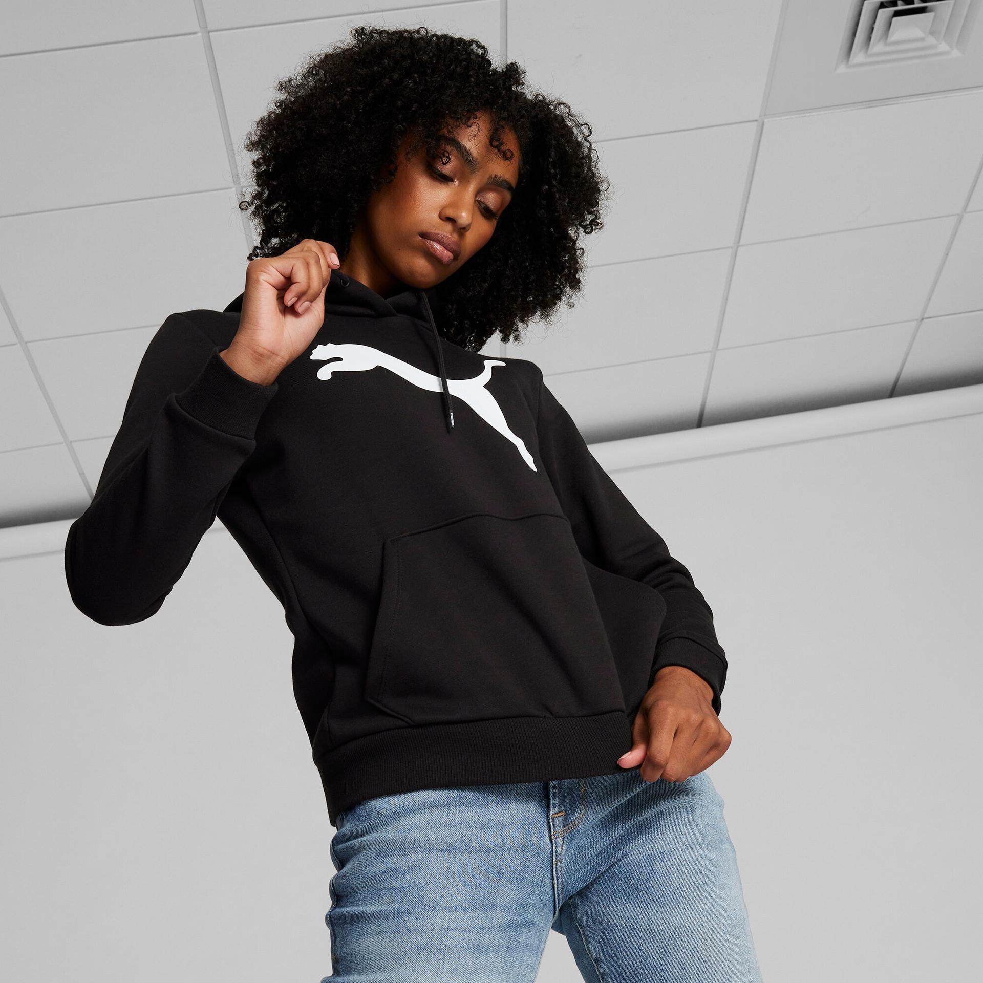 puma essentials women's big cat logo hoodie in black, size s