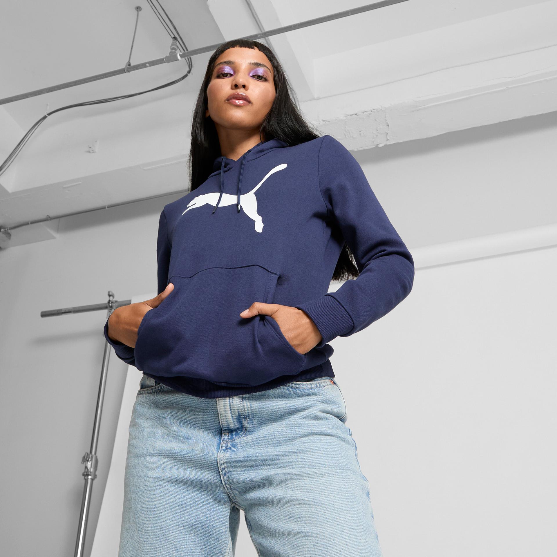 puma essentials women's big cat logo hoodie in blue, size xxs